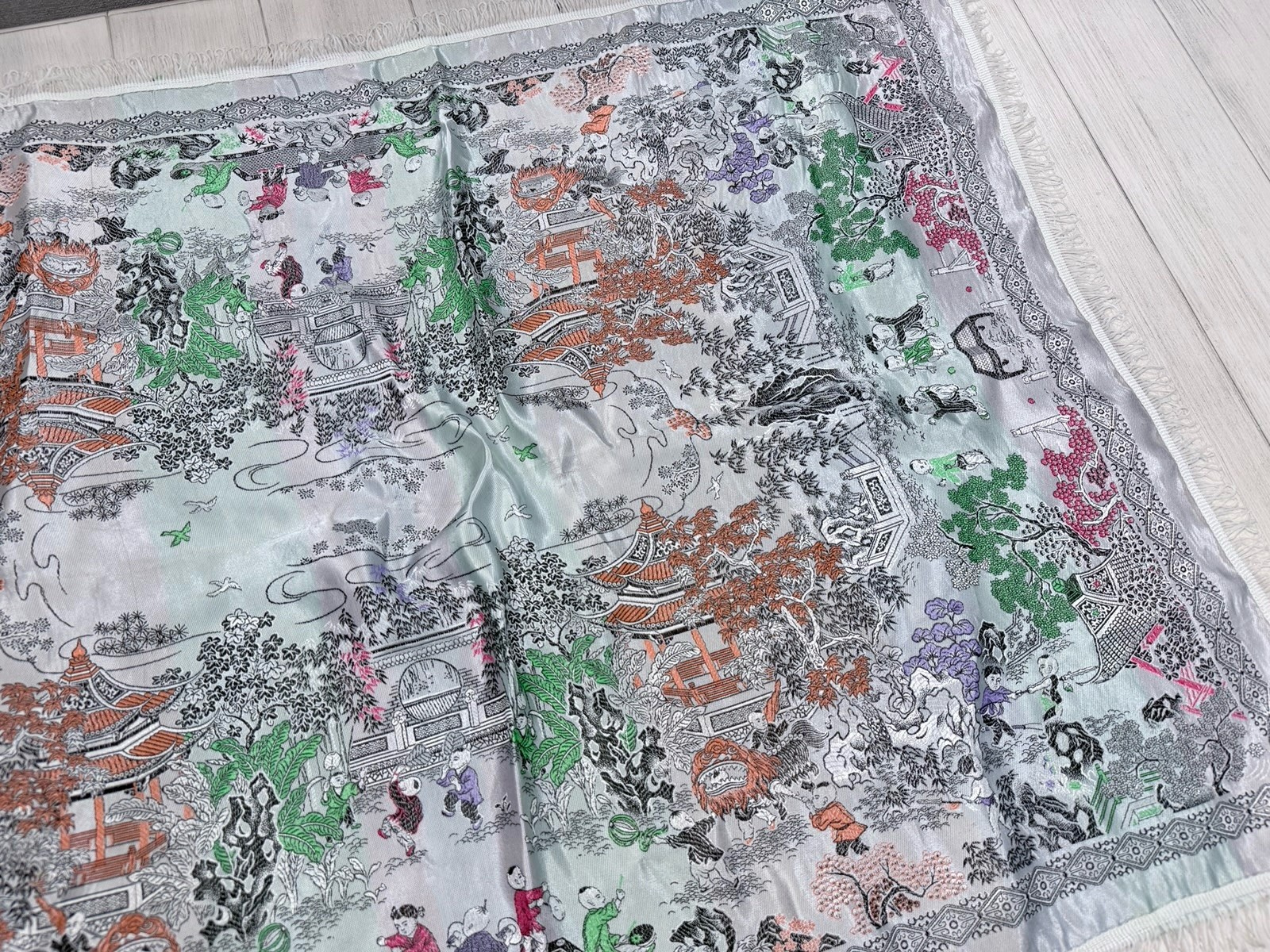 Vintage Chinese Silk Brocade Machine Woven Tablecloth 52”X34” & Watercolor Art