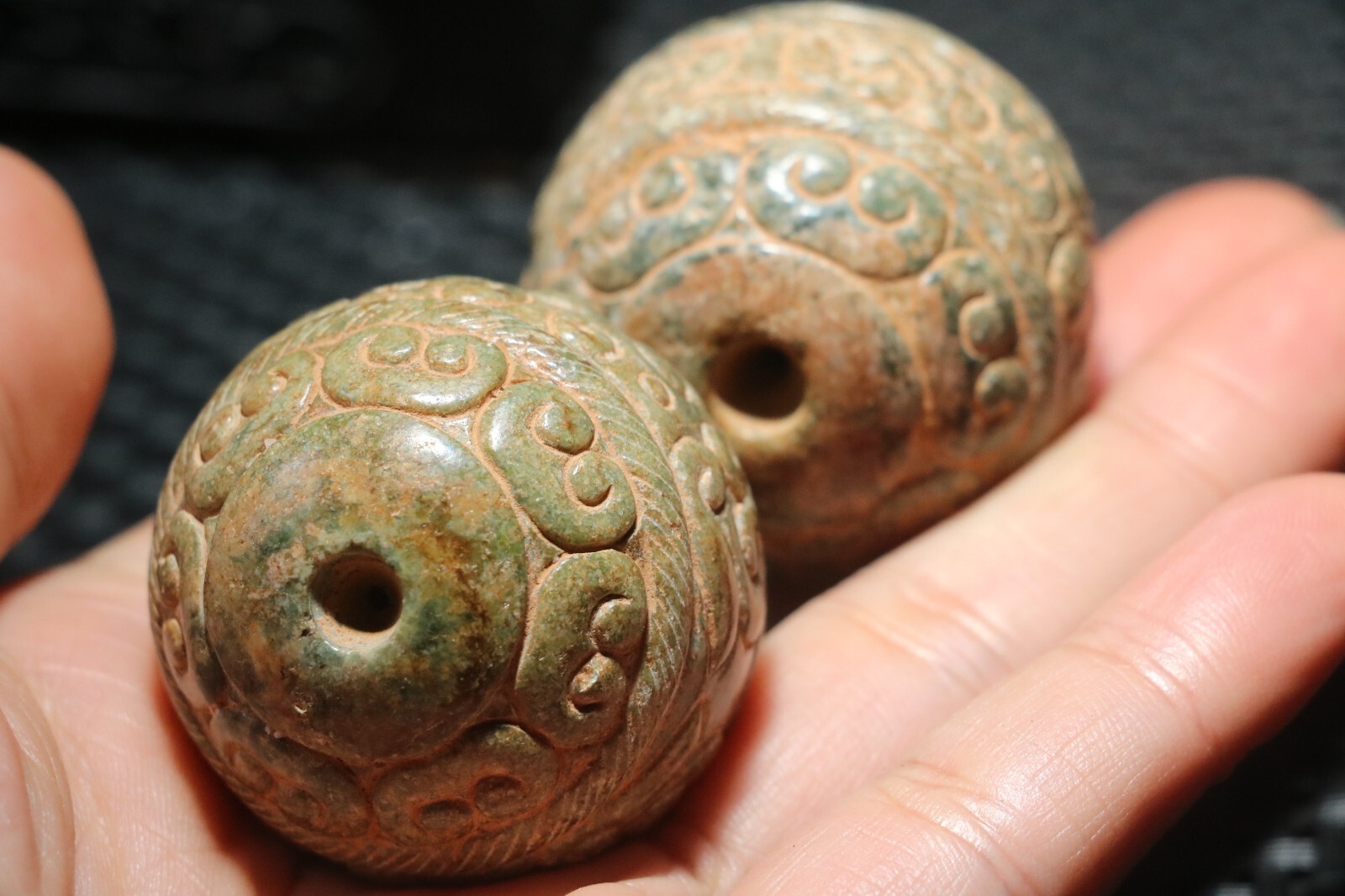 A Pair Exquisite Chinese Hetian Old JADE Linking Fortune Large Ball Sphere 40MMs