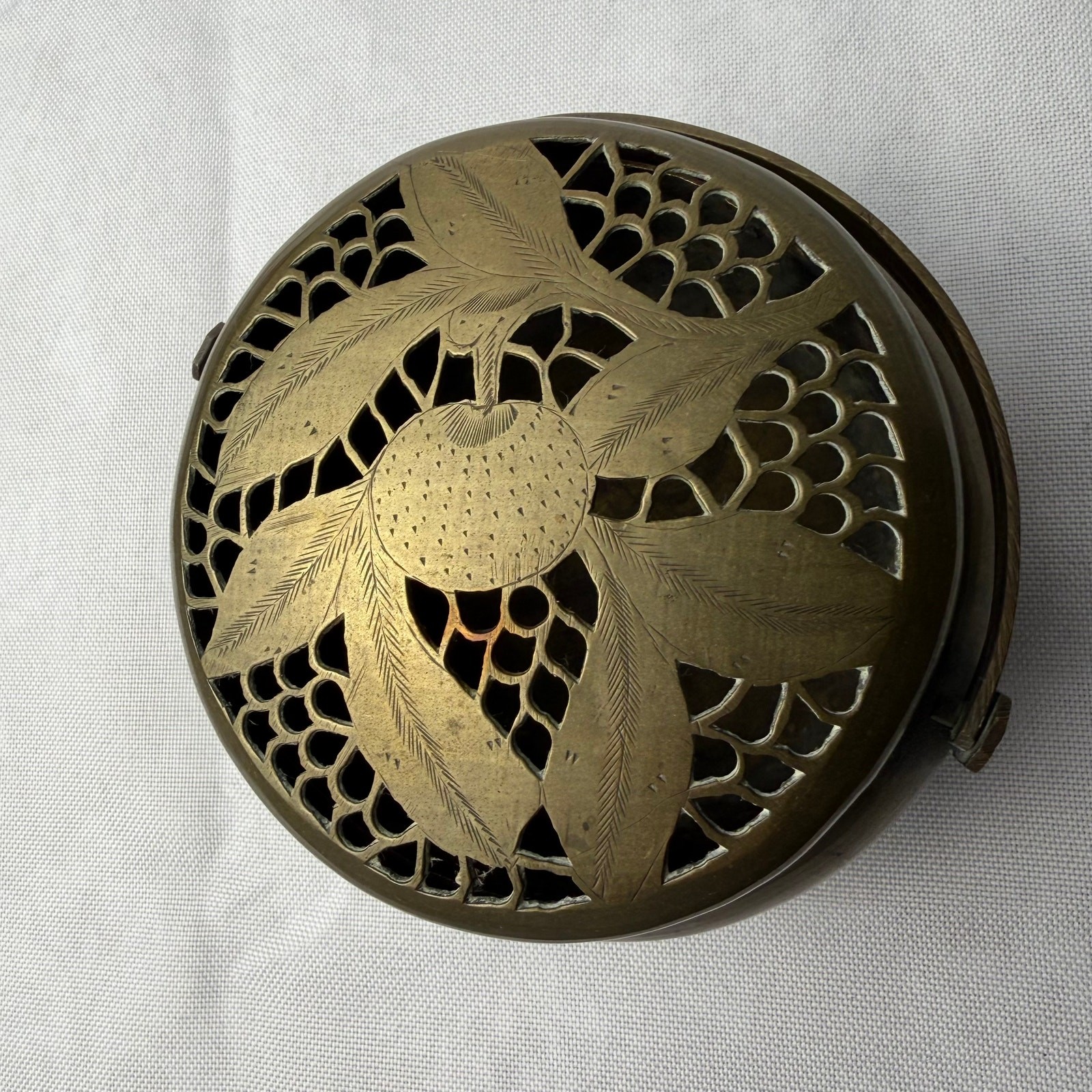 VTG Chinese Brass Xiulu Hand Warmer Pierced Pomegranate Lid Incense Holder Gift