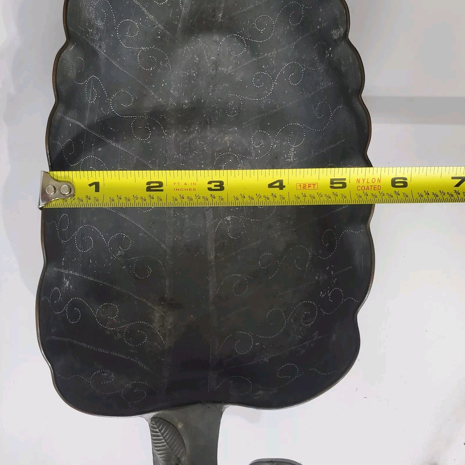 Vintage Chinese Pewter Etched Leaf Shape Tray with Semi-Precious Stones