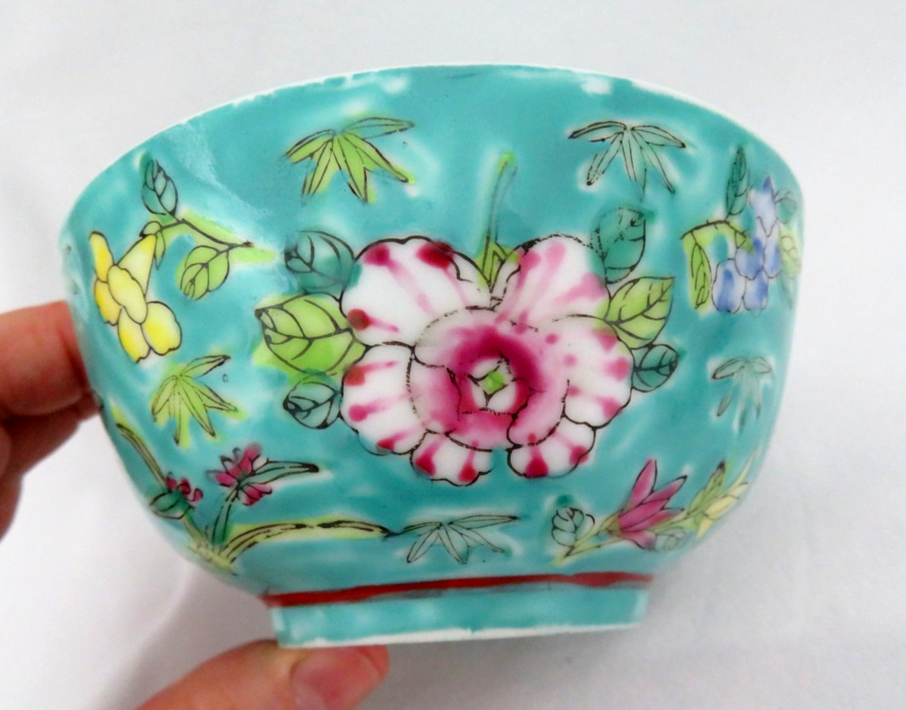 Vintage Chinese Fine Porcelain Turquoise Blue Famille Rose Rice Soup Bowl #2