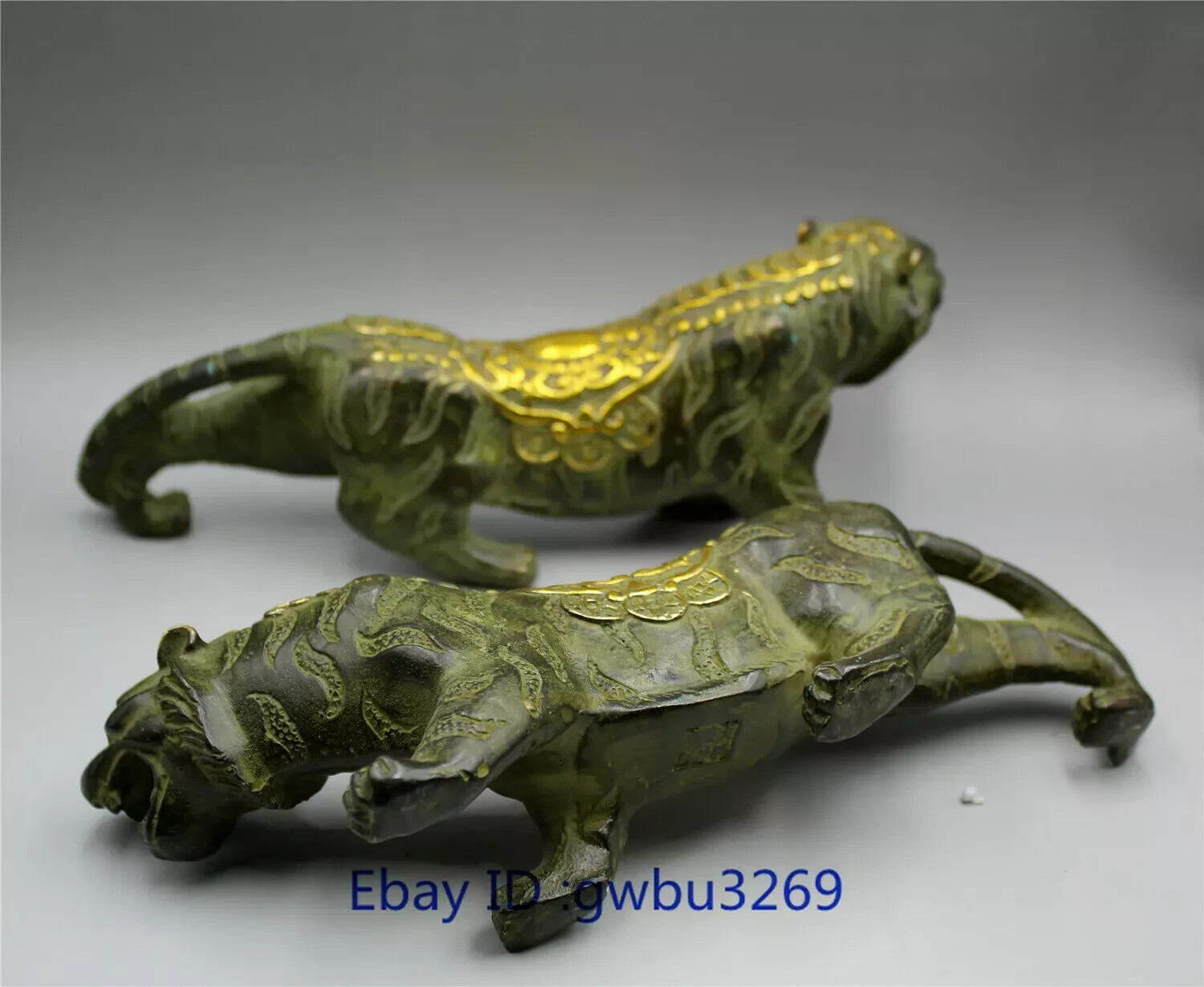 Fengshui A pair Delicate Chinese Bronze Gilded handwork Money Tiger Statue