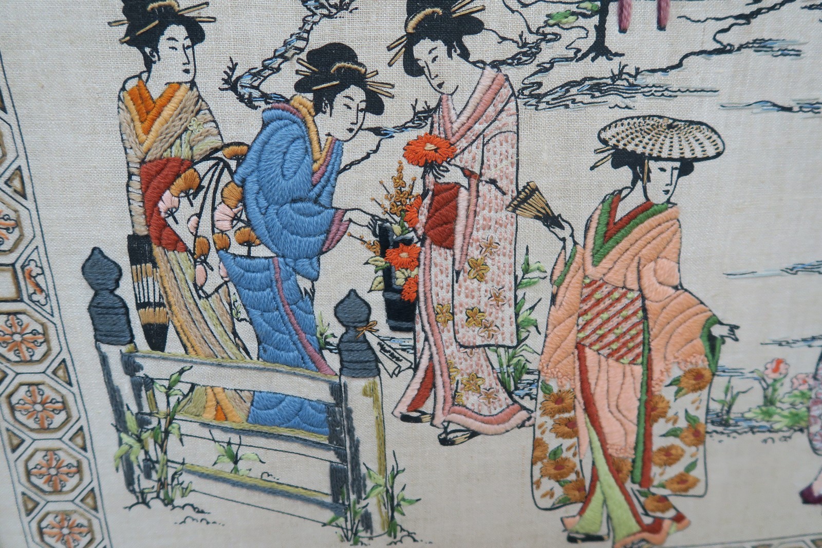Asian Embroidery Over Painted Canvas Geishas Framed 19″ x 29″ – 22″ x 32″