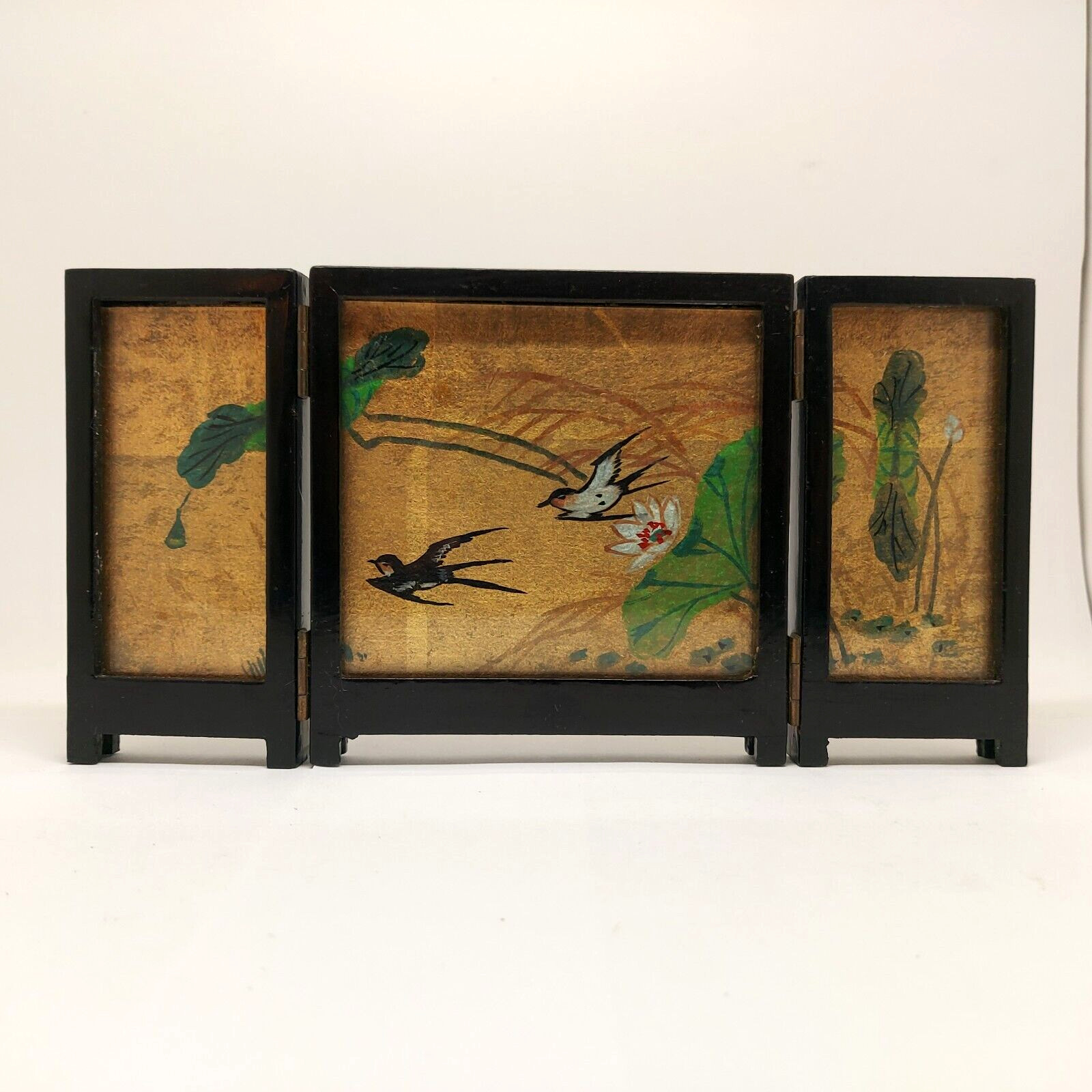 2 Vtg Small 3 Panel Table Top Screens Hand Painted Silk Cranes Birds Flowers