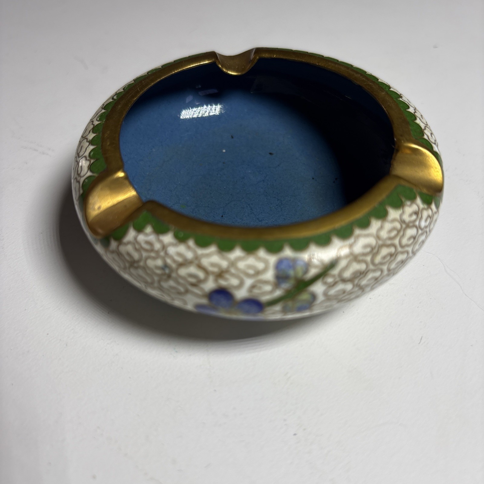 Chinese Asian Floral Cloisonné Enamel Brass Ashtray Blue Green Gold Vintage