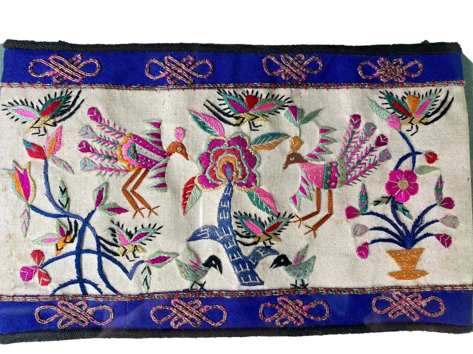 Hand Embroidered Silk Birds Floral Cuff Vtg Asian Framed Textile Mini Tapestry