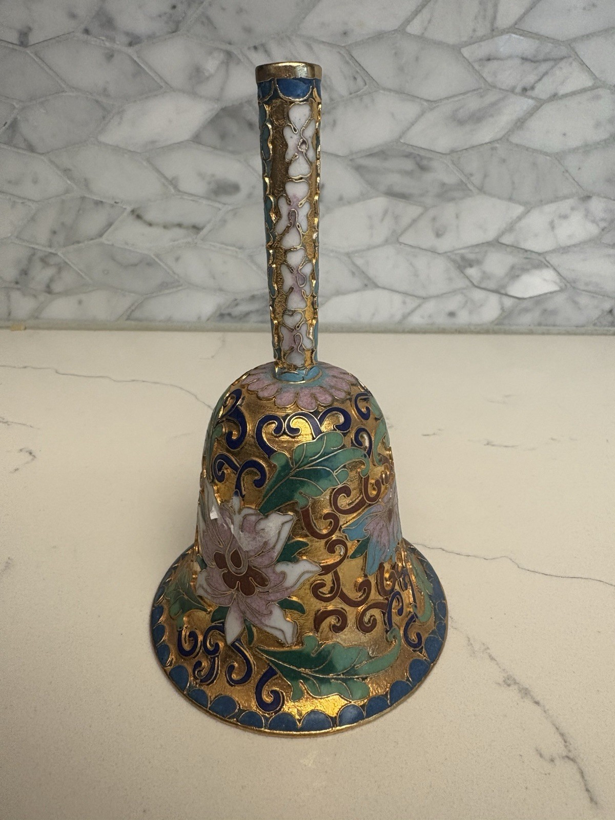 Vintage Chinese Cloisonne Enamel Floral Gold Metal Bell