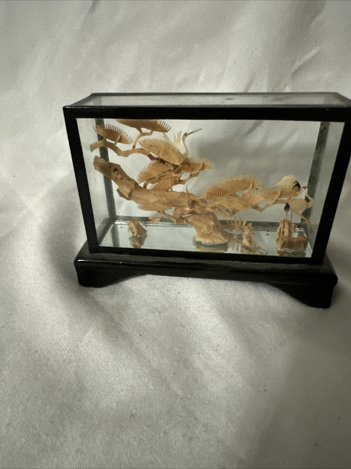 Lacquered Cork Art Small Diorama Hand Carved 3” of Pagoda & Cranes in Black Vtg