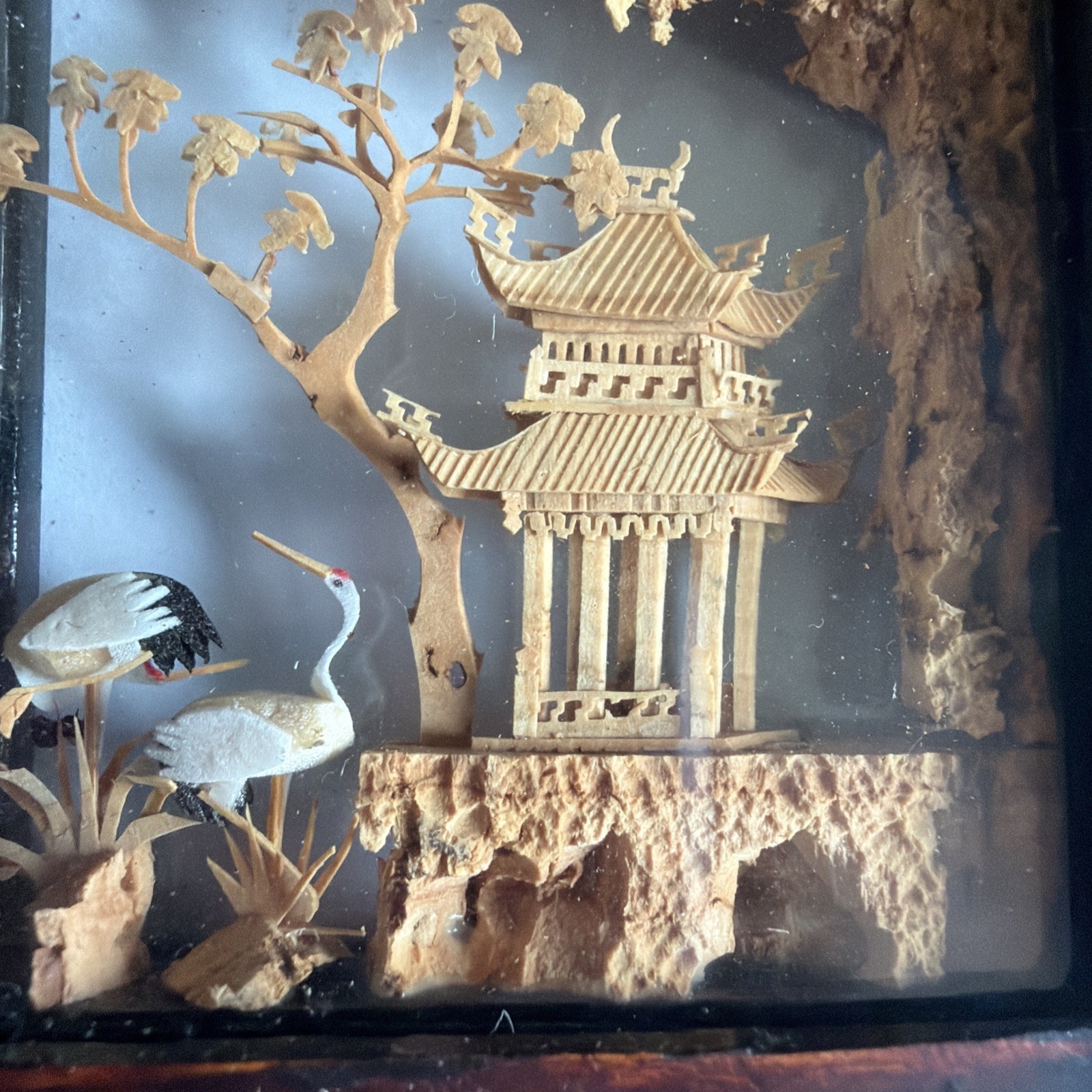 Vtg Chinese Cork Art Screen Folding 4 Panel Glass Pagoda Cranes Black Lacquer
