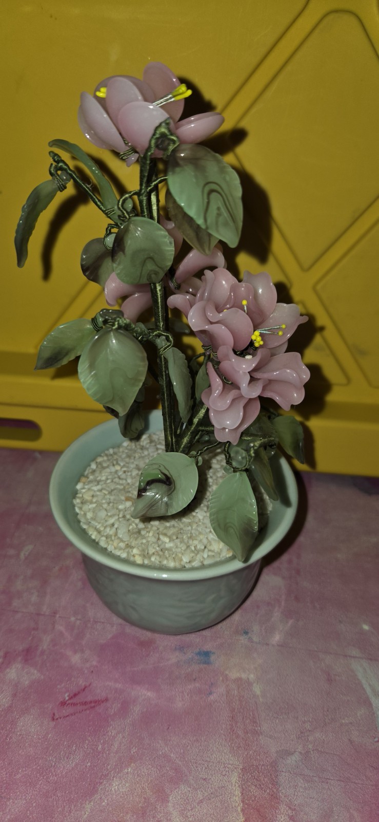 Vintage Chinese Jade & Glass Bonsai Tree Pink Flowers