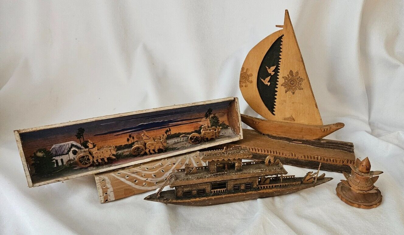Vintage Chinese Wood Carvings and Folk Art – Boats, Shadowbox Wagons