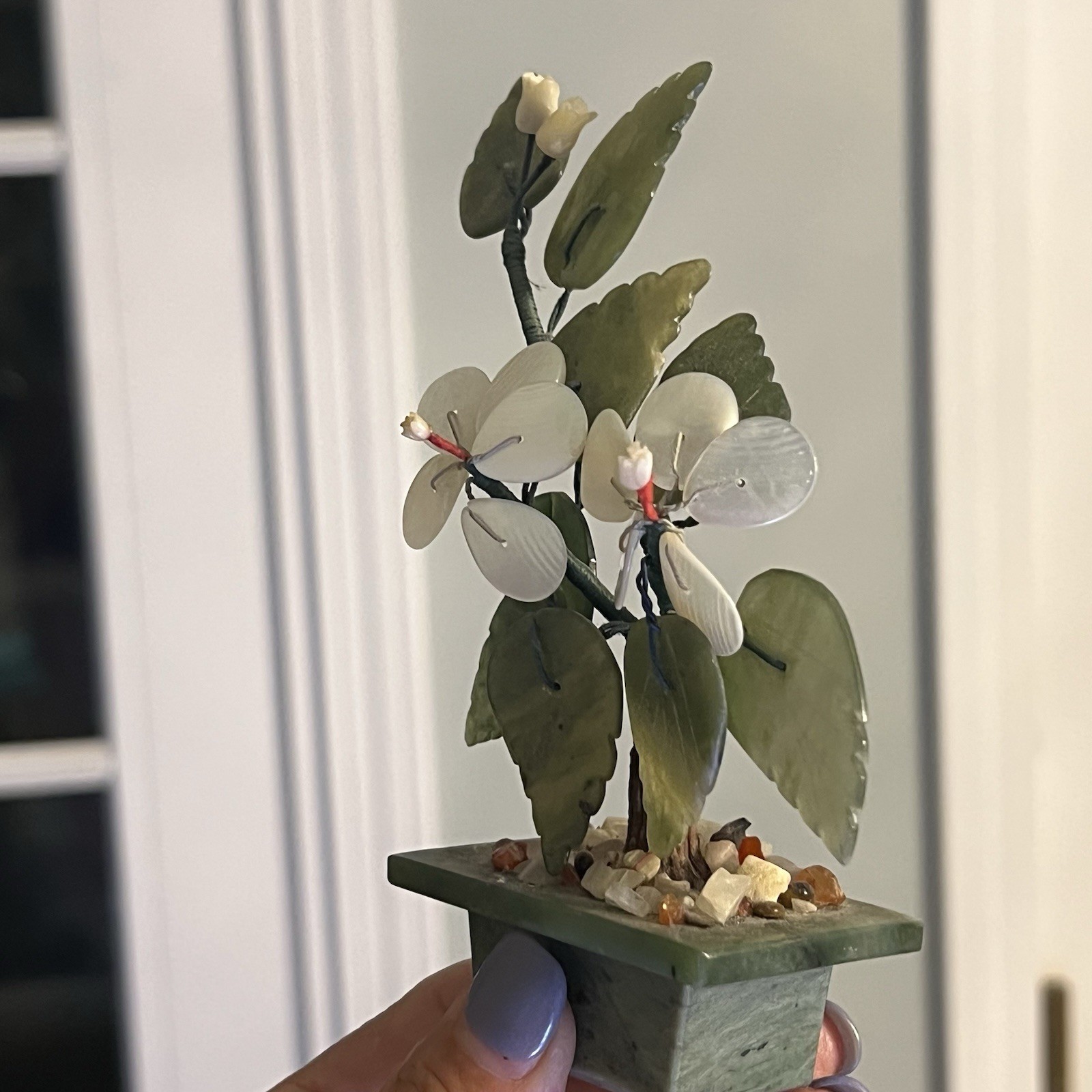 Sweet Small Asian Mother of Pearl & Jade Bonsai Tree Figure in Celadon Green Pot