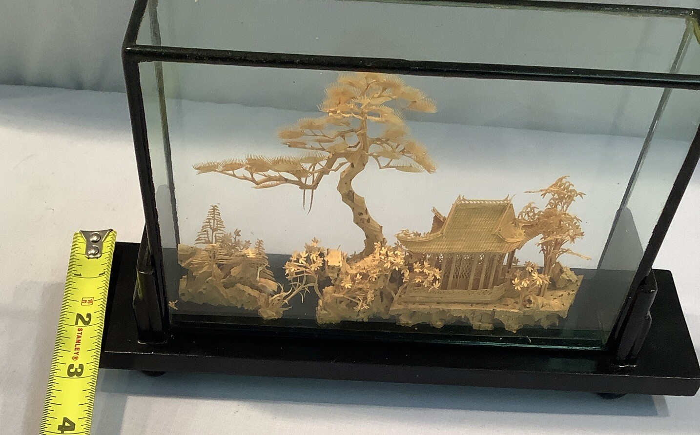 Fujian China 202 Vintage Hand Carved Cork Diorama Art Glass Wood Framed Picture