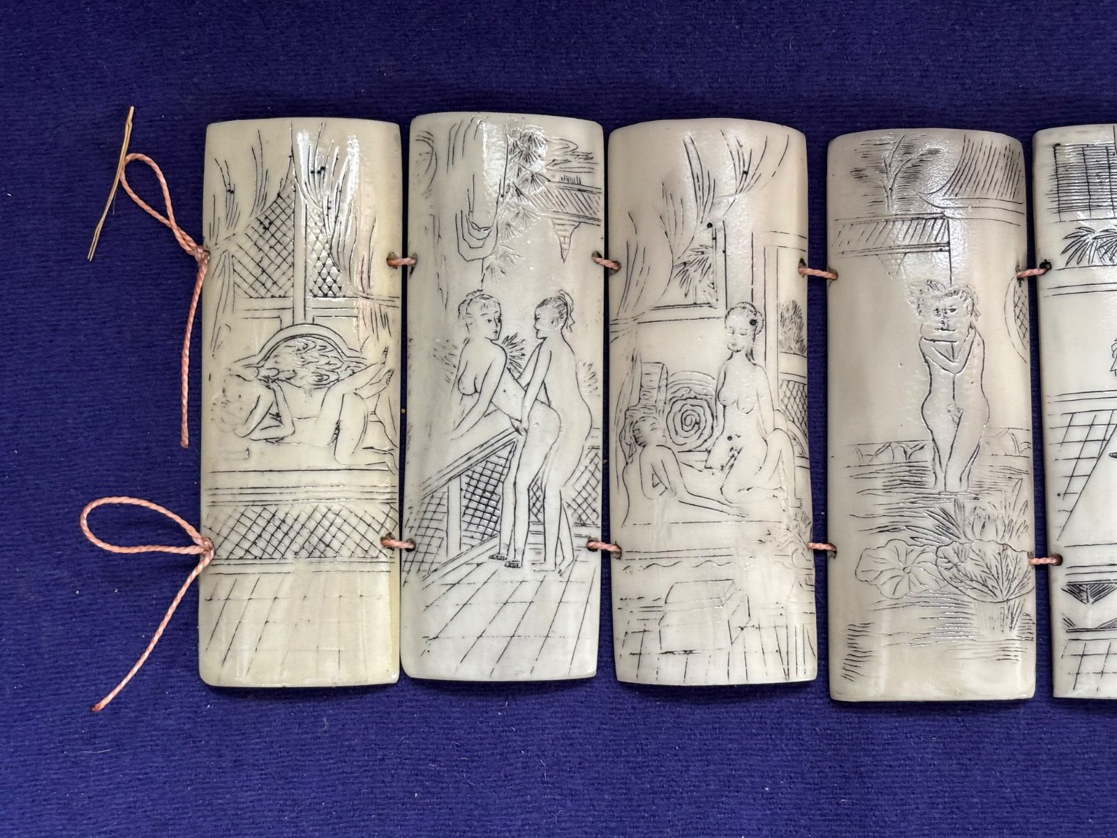 10 ANTIQUE CHINESE SCRIMSHAW SHUNGA PANELS ETCHED EROTICA ON BONE PILLOW BOOK