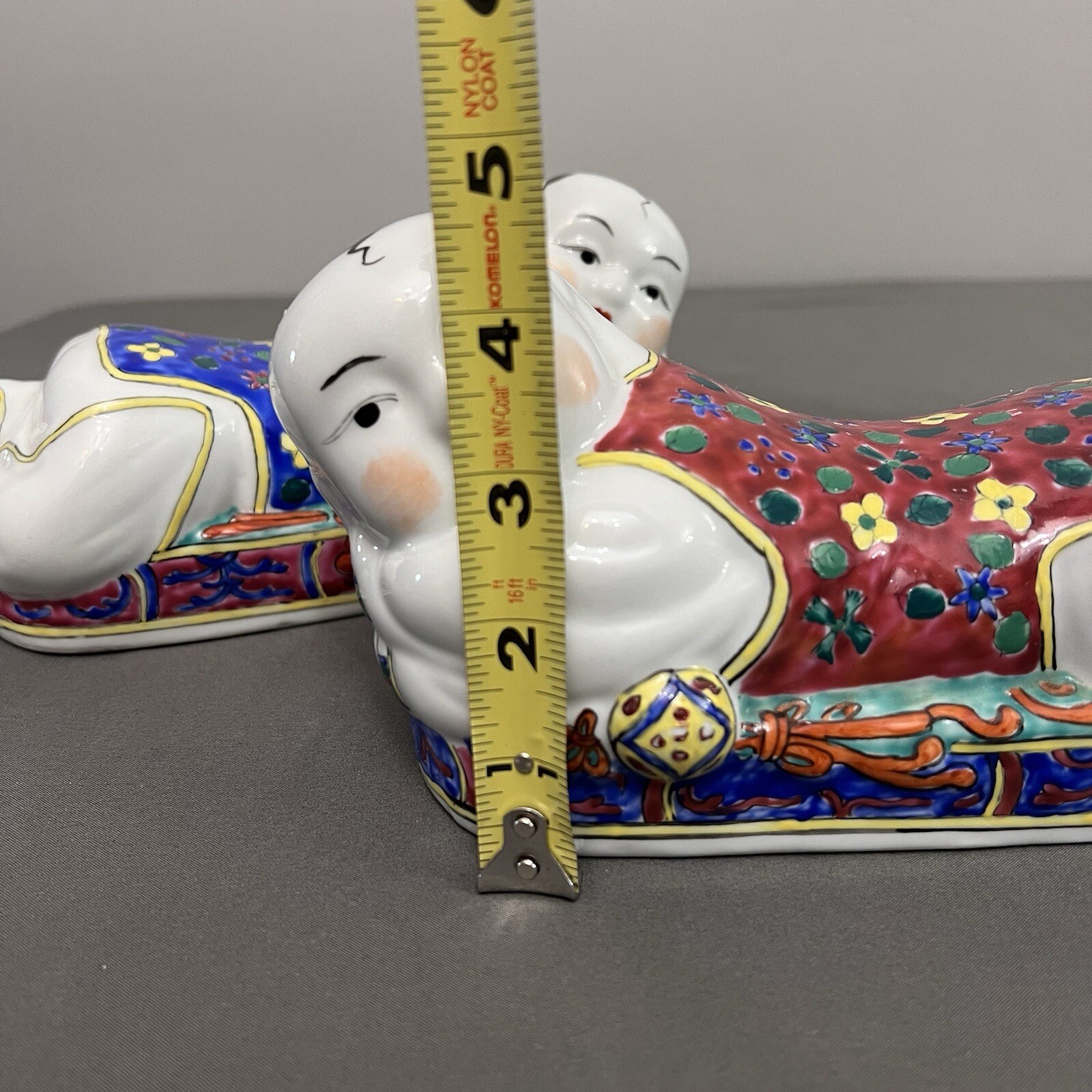 VTG Set Of 2 Porcelain Headrests Opium Pillows Handpainted Blue & Red 8.5x4x4.5”