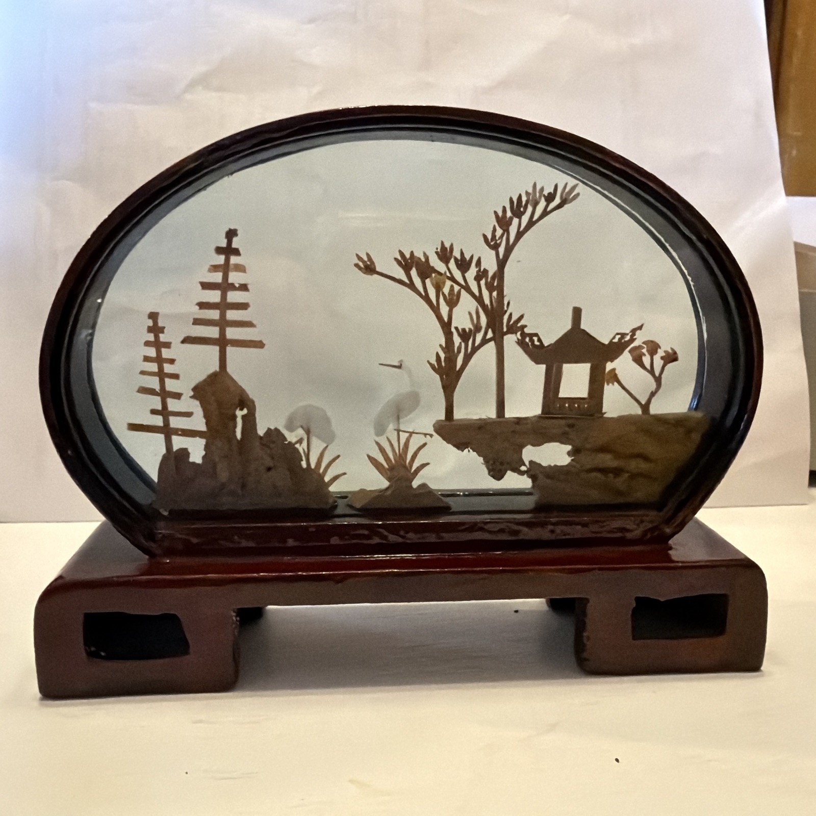 Carved Cork Diorama Asian Oriental 3D Art Miniature Cranes Vintage 6”x4.5”x1.5”