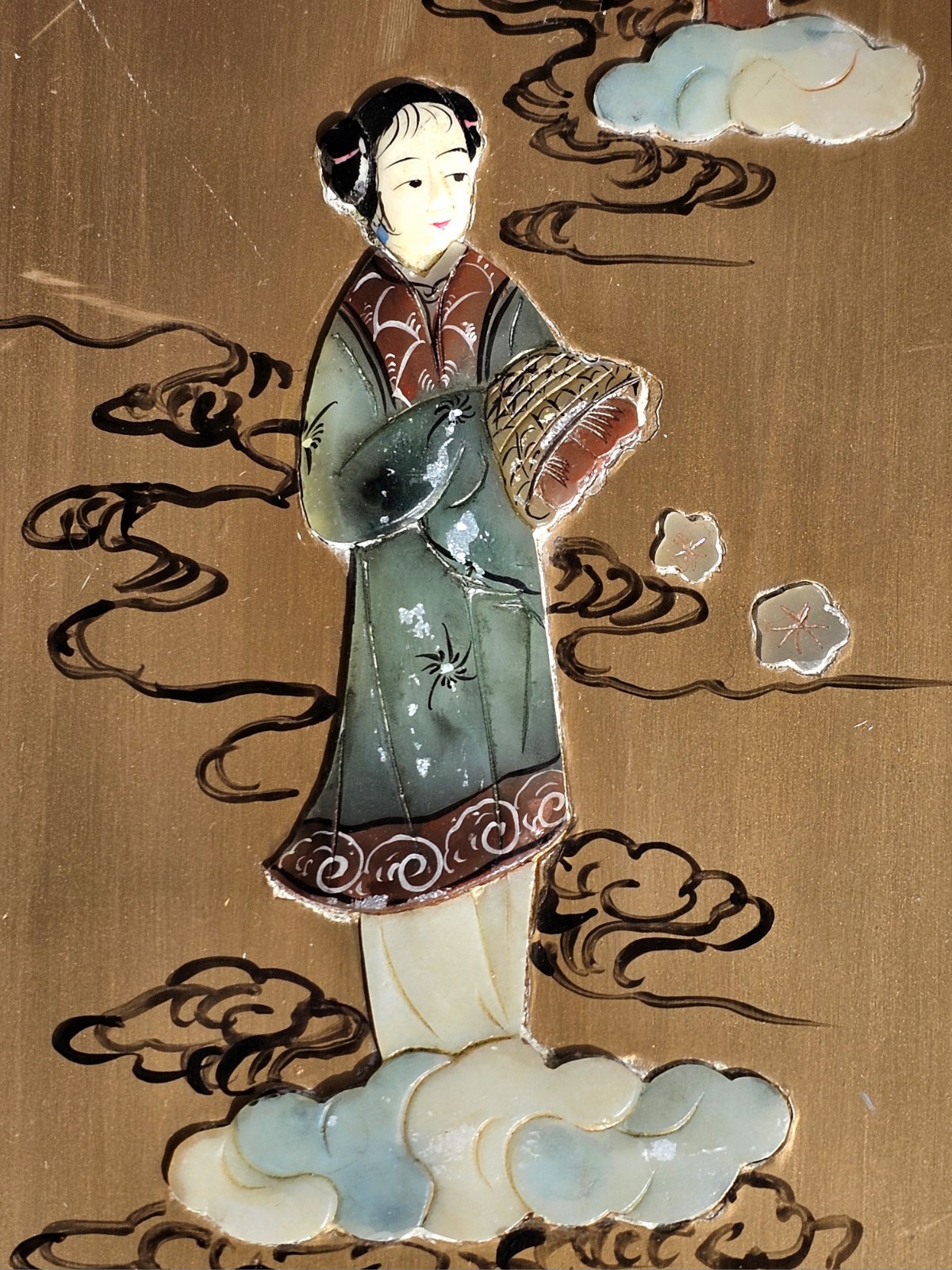 3 Painted Wood ASIAN ART PANELS Inlaid Stone 3D Geisha Figures Chinese VTG Decor