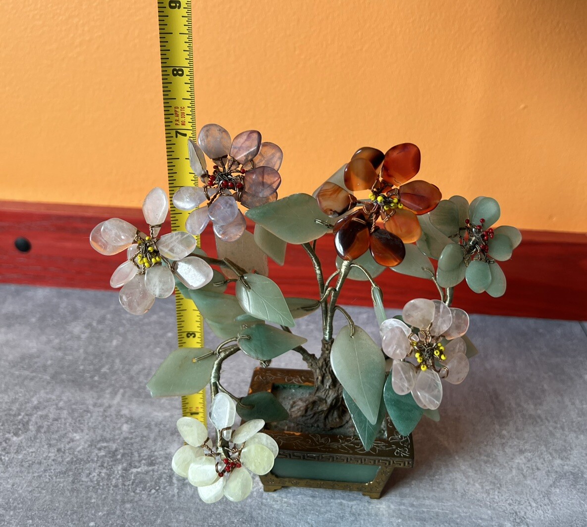 Vintage Chinese Jade Amethyst Carnelian Quartz Flowers Tree Brass Pot Marked