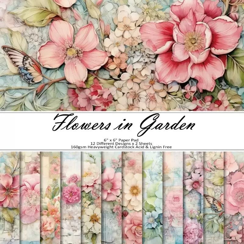 24 Sheets Floral Scrapbook Paper Pads 6X6 Single-Sided Flowers Pattern Decorativ