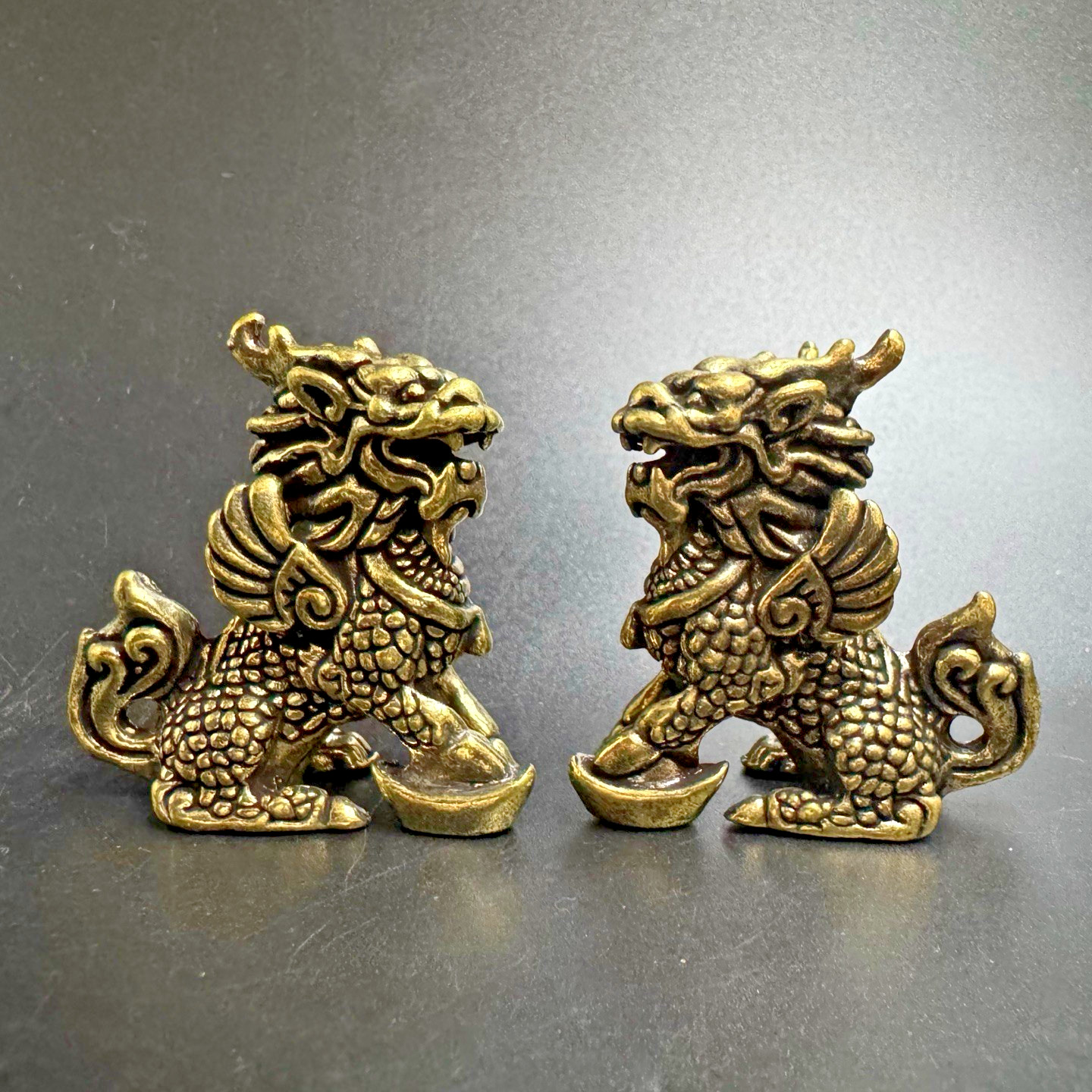 Pair Brass Winged Qilin Statues Chinese Feng Shui Wealth Lucky Mini Ornaments
