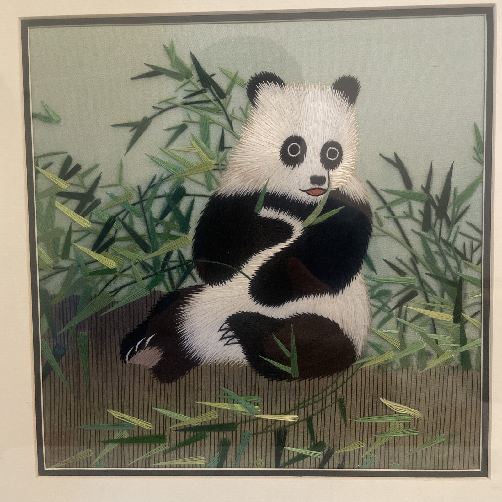 Vintage Chinese Embroidered Silk 100% Handmade Panda Wall Art in 13.5” X 13.5”