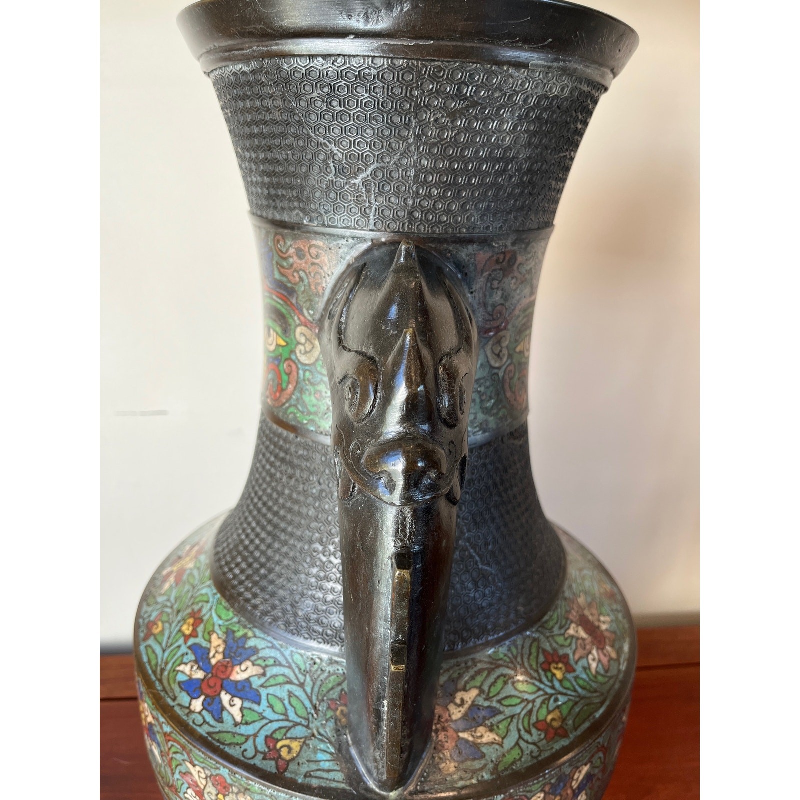 Large 42″ Chinese Cloisonné & Bronze Taotie Hu Vase Table Lamp