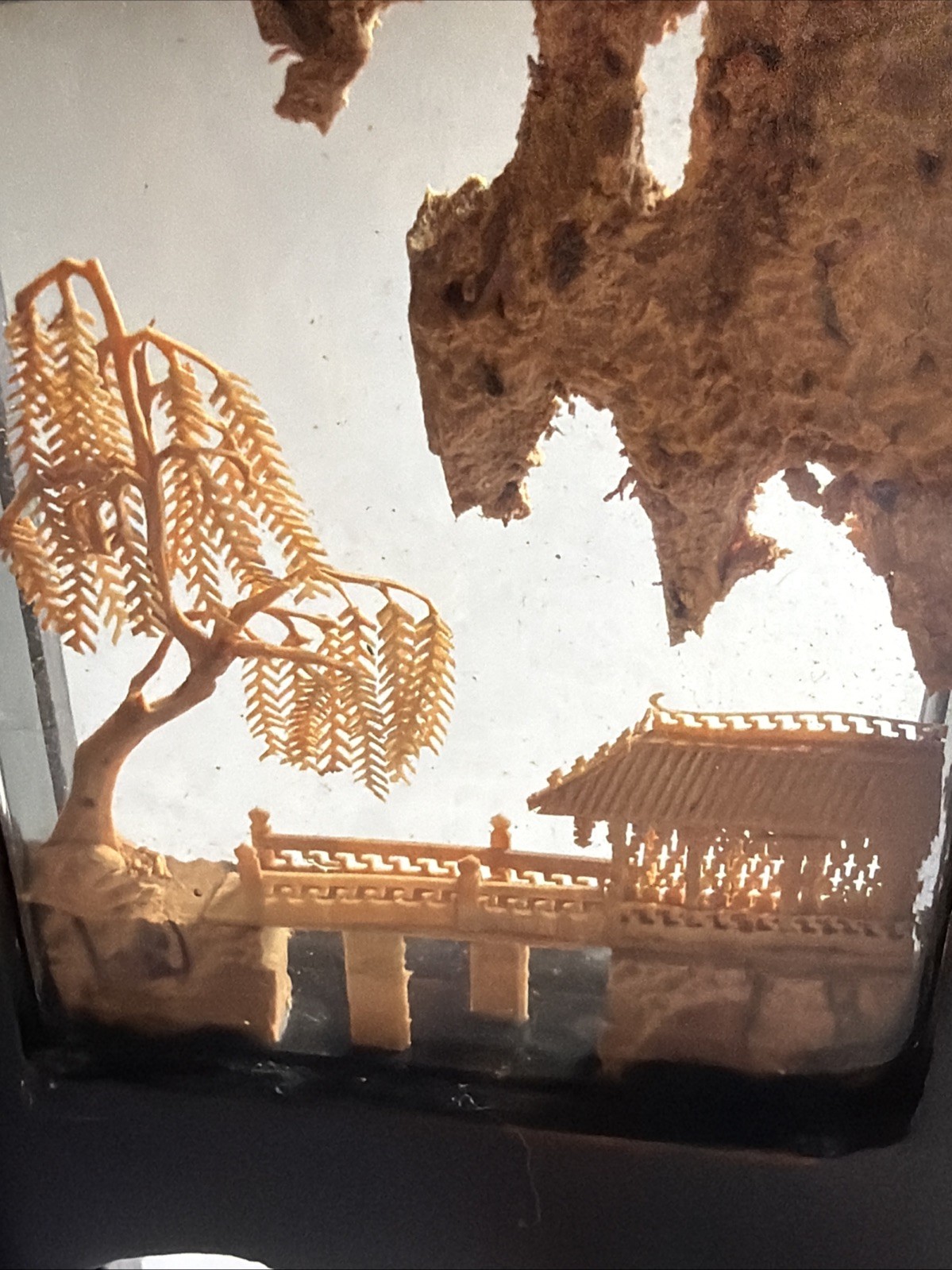 Vtg Chinese Cork Art Screen Folding 4 Panel Glass Pagoda Cranes Black Lacquer