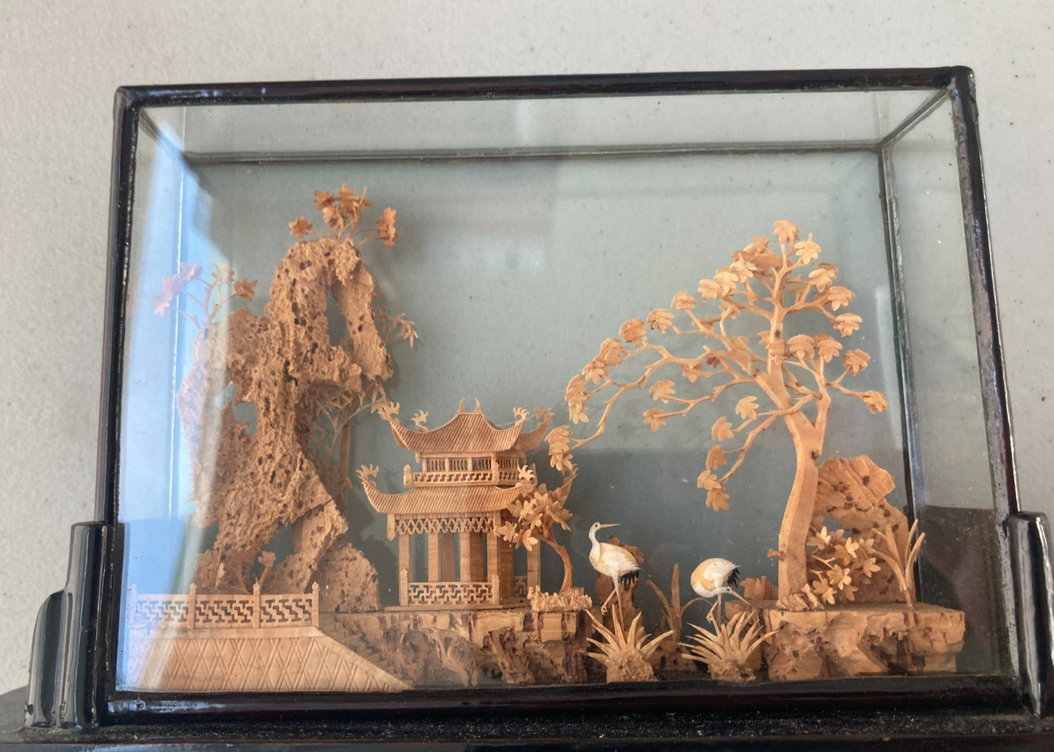 Hand Carved Cork Diorama Chinese Landscape Pagoda Scene Glass Case
