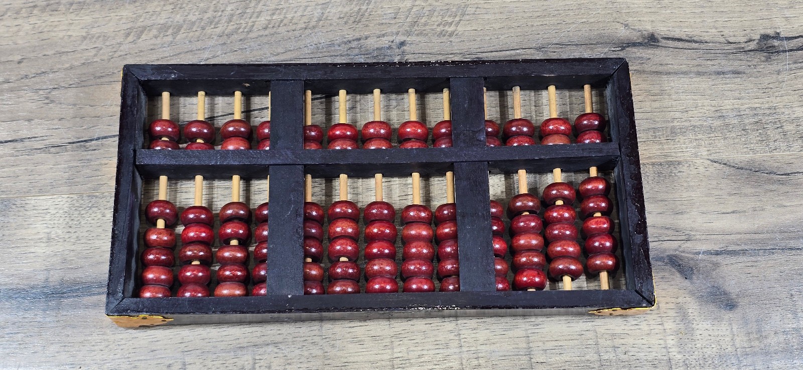 Vintage Chinese Abacus 13 Row 91 Bead Wood & Brass Lotus Flower Brand Calculator