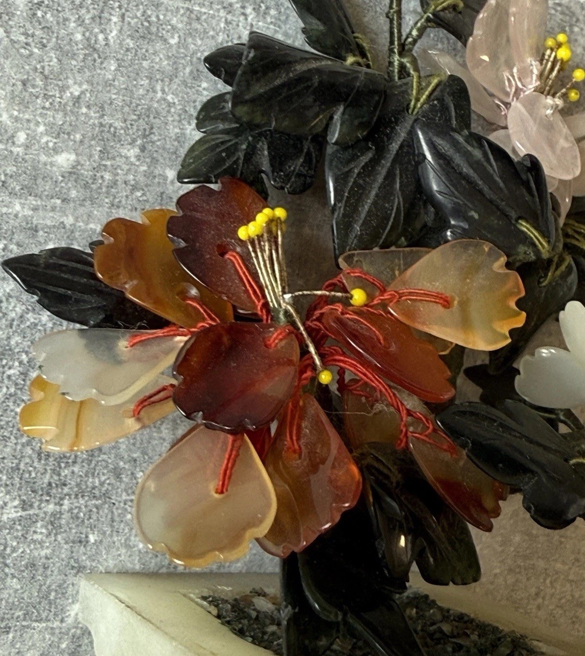 Vintage Chinese Jade Carnelian Quartz Flowers Tree Jade Pot