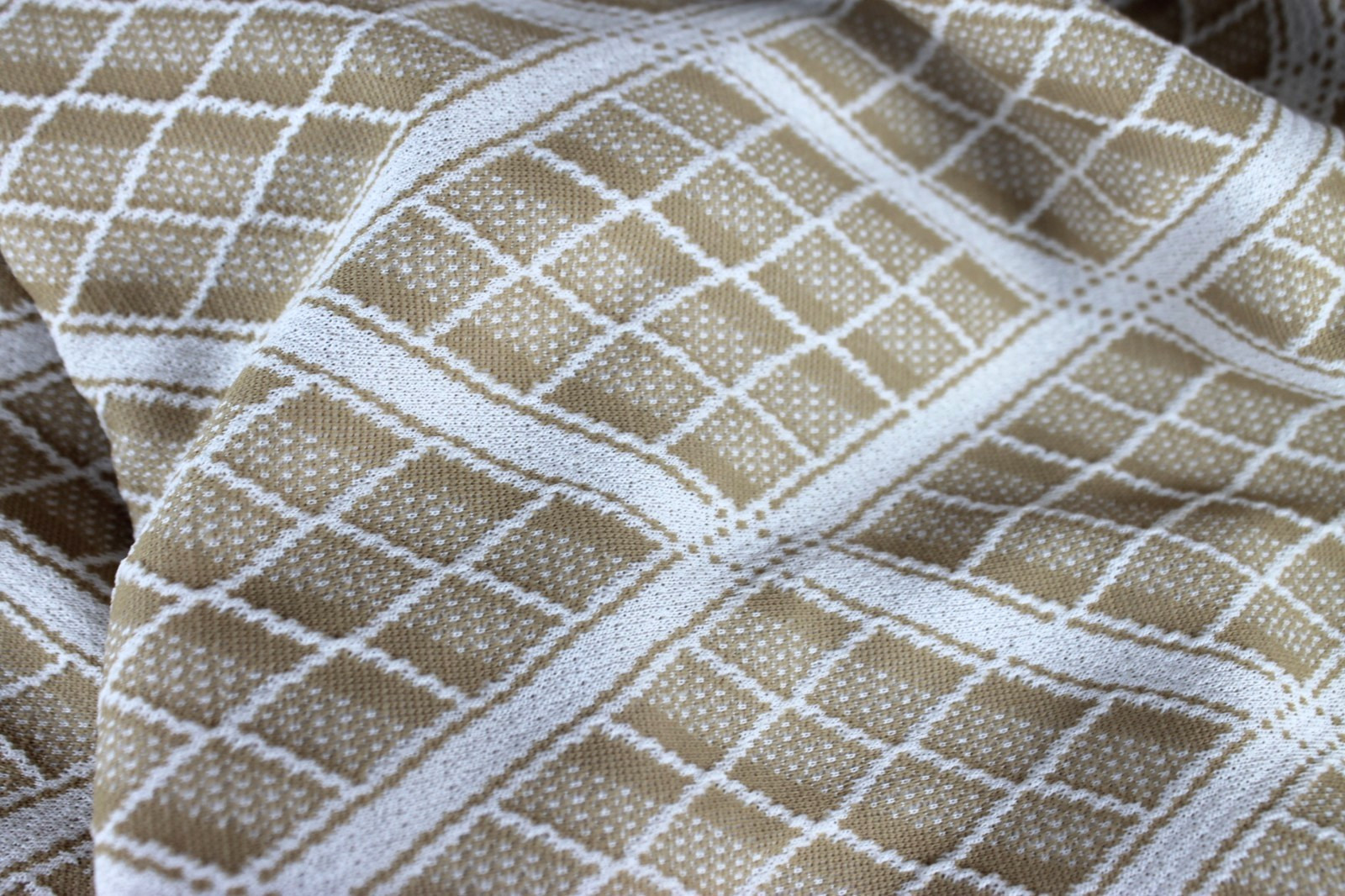 Polyester Rayon Tan and white Plaid Fabric Panel Remnant 62″ x 54″ Stretch Vtg