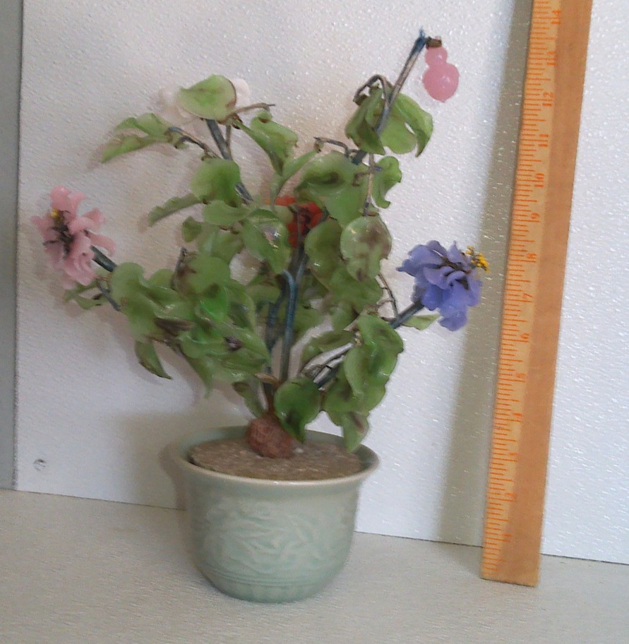 Vintage Chinese Jade Glass Flower Arrangement in Celadon Pot Multicolor Blossoms