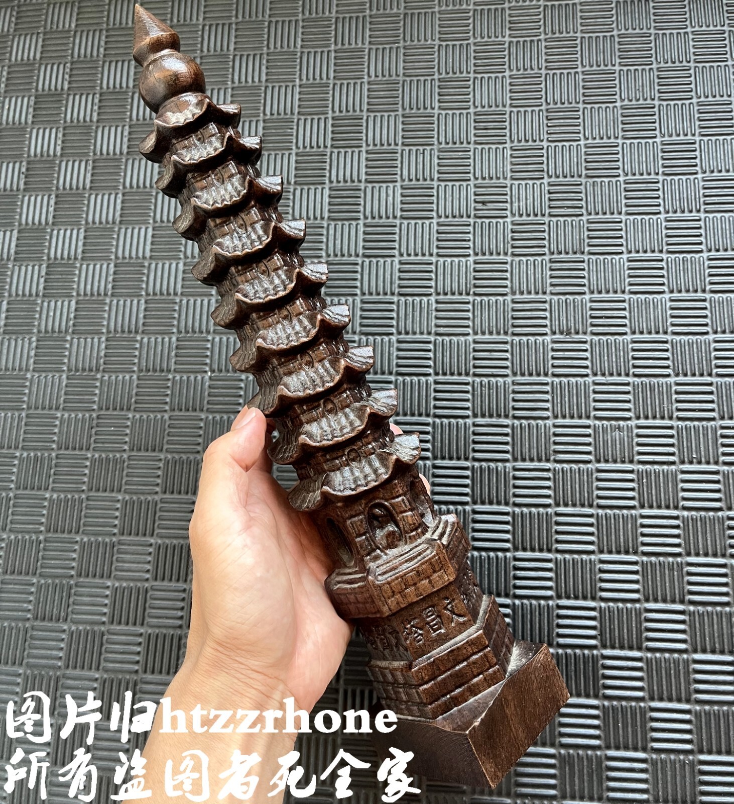 14.5″ Natural Eaglewood Carved Wen Chang Tower Statue Pagoda Feng Shui Home Deco