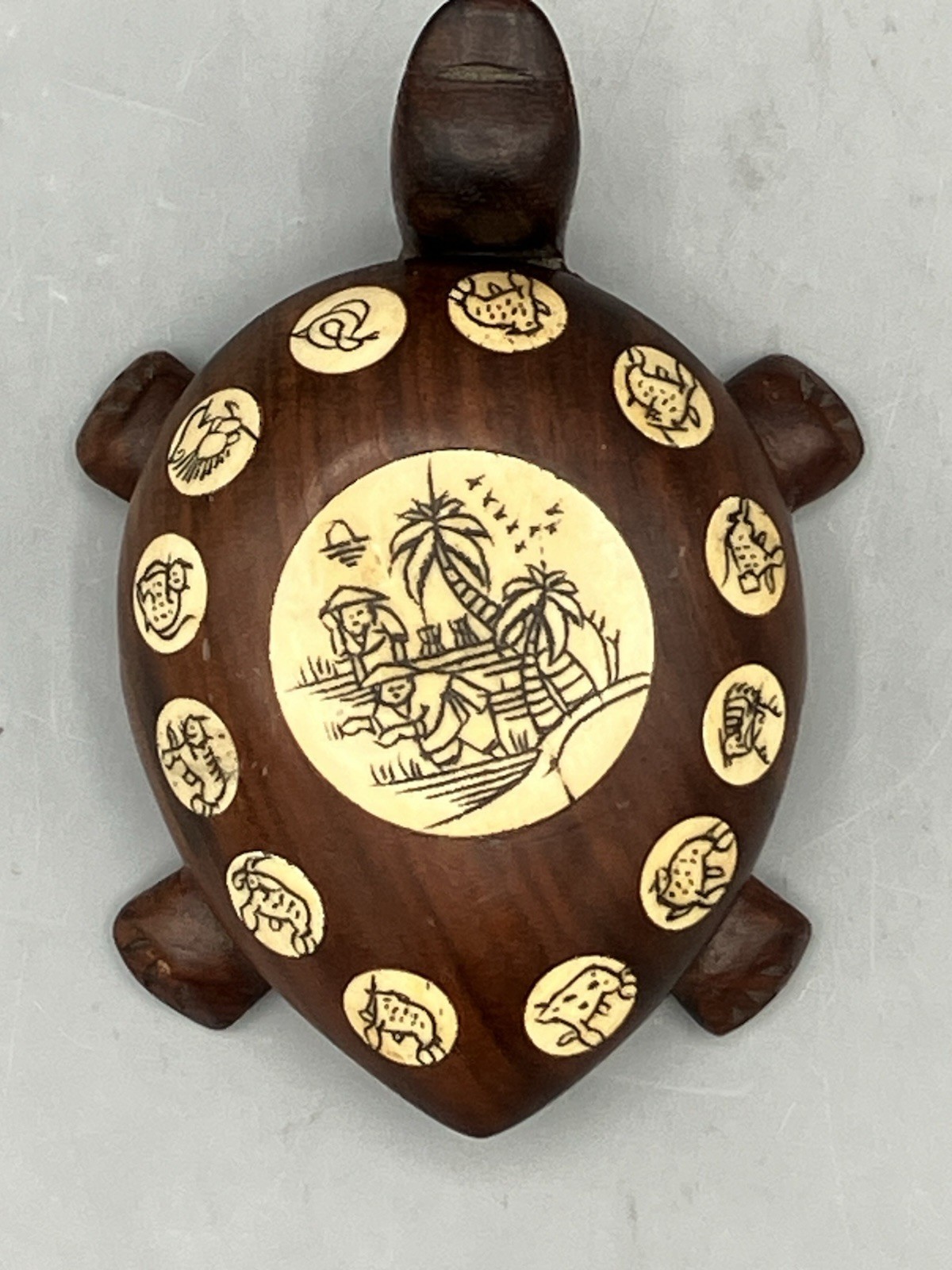Vintage Chinese Carved Wooden Turtle Compass Case Zodiac Signs Inlay