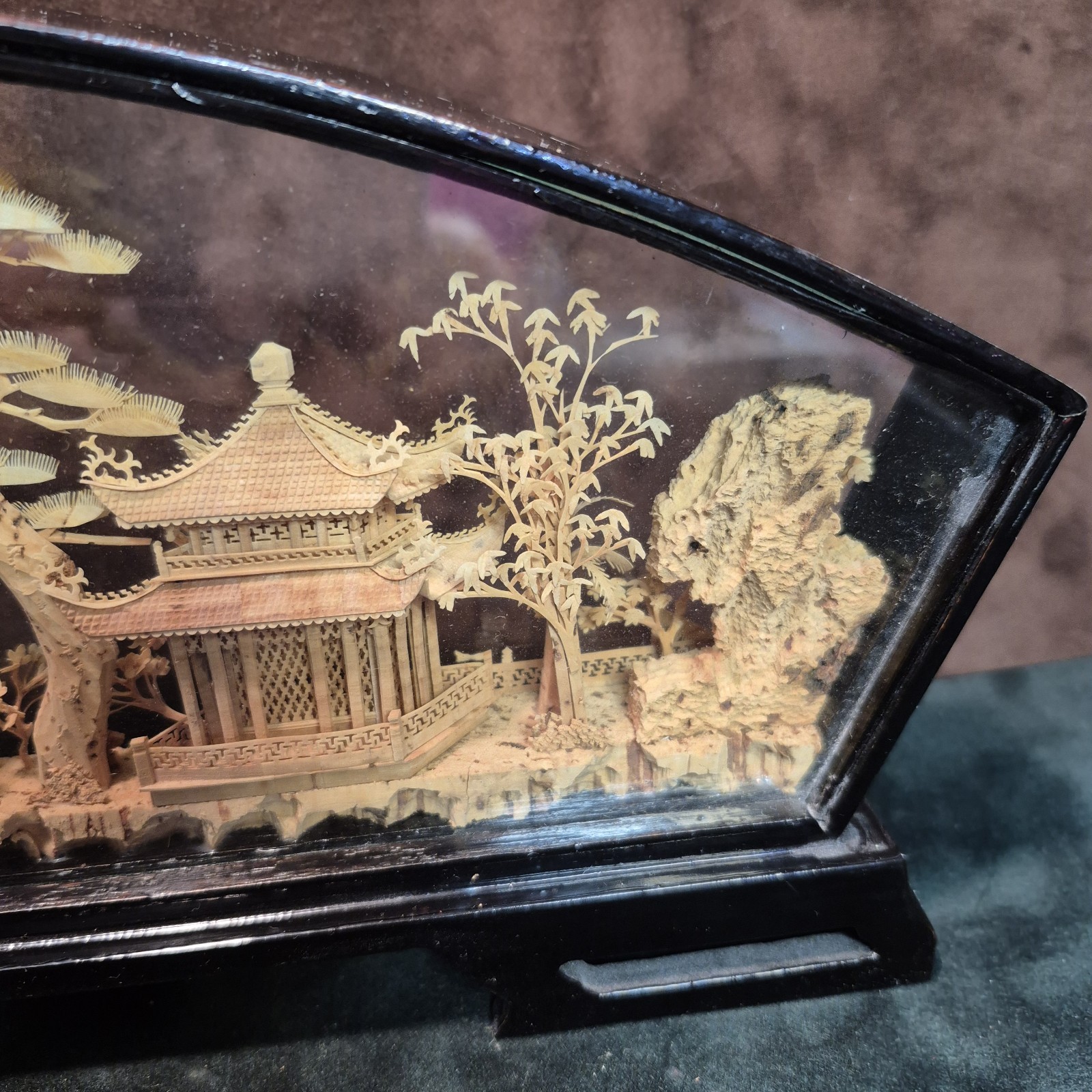 Vintage Chinese Cork Art Diorama Cranes Pagoda Trees Hand Carved in Glass Case