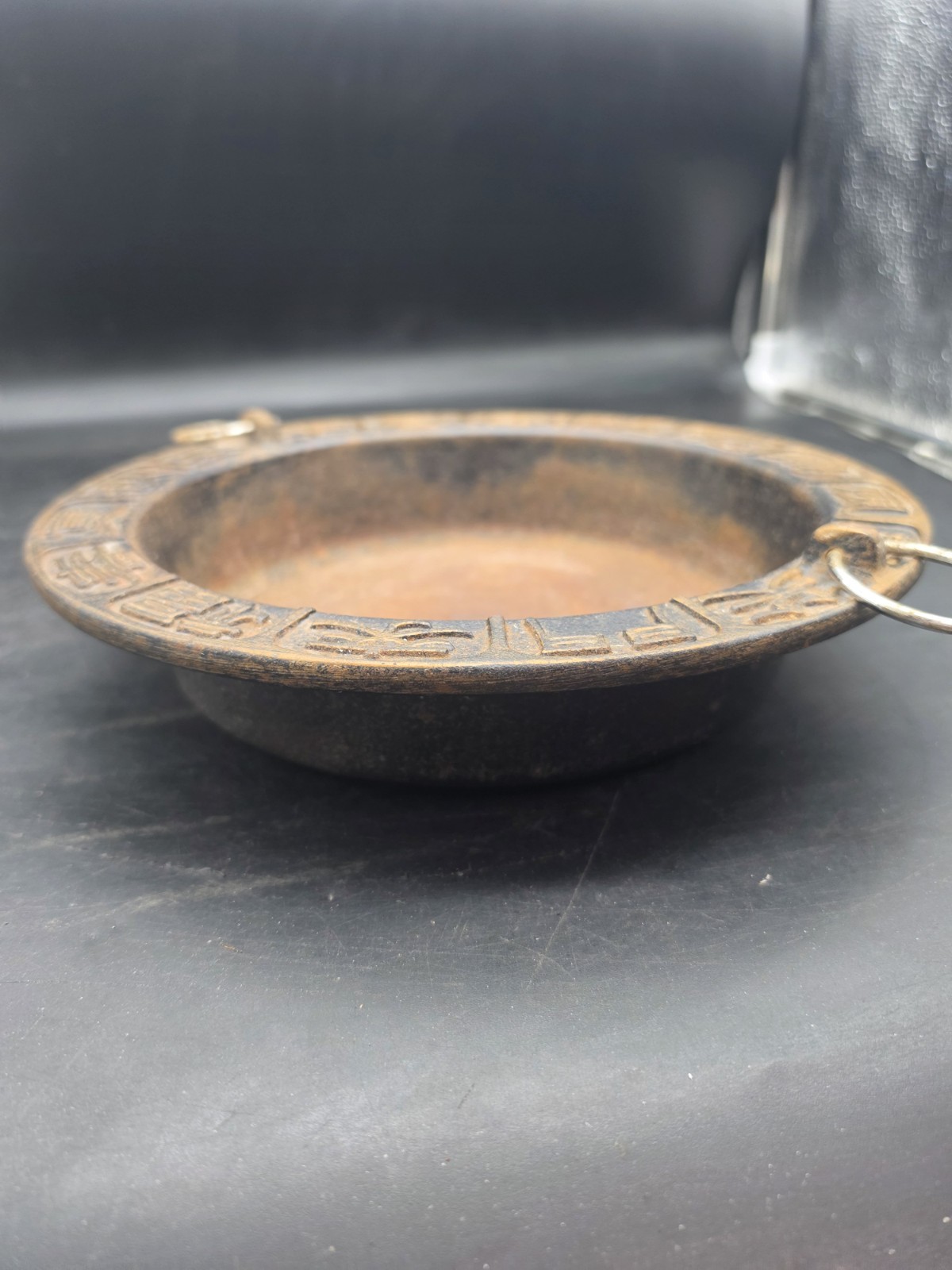 Chinese Cast Iron Dish Incense Ashtray Raised Characters & Symbol Rim 10″