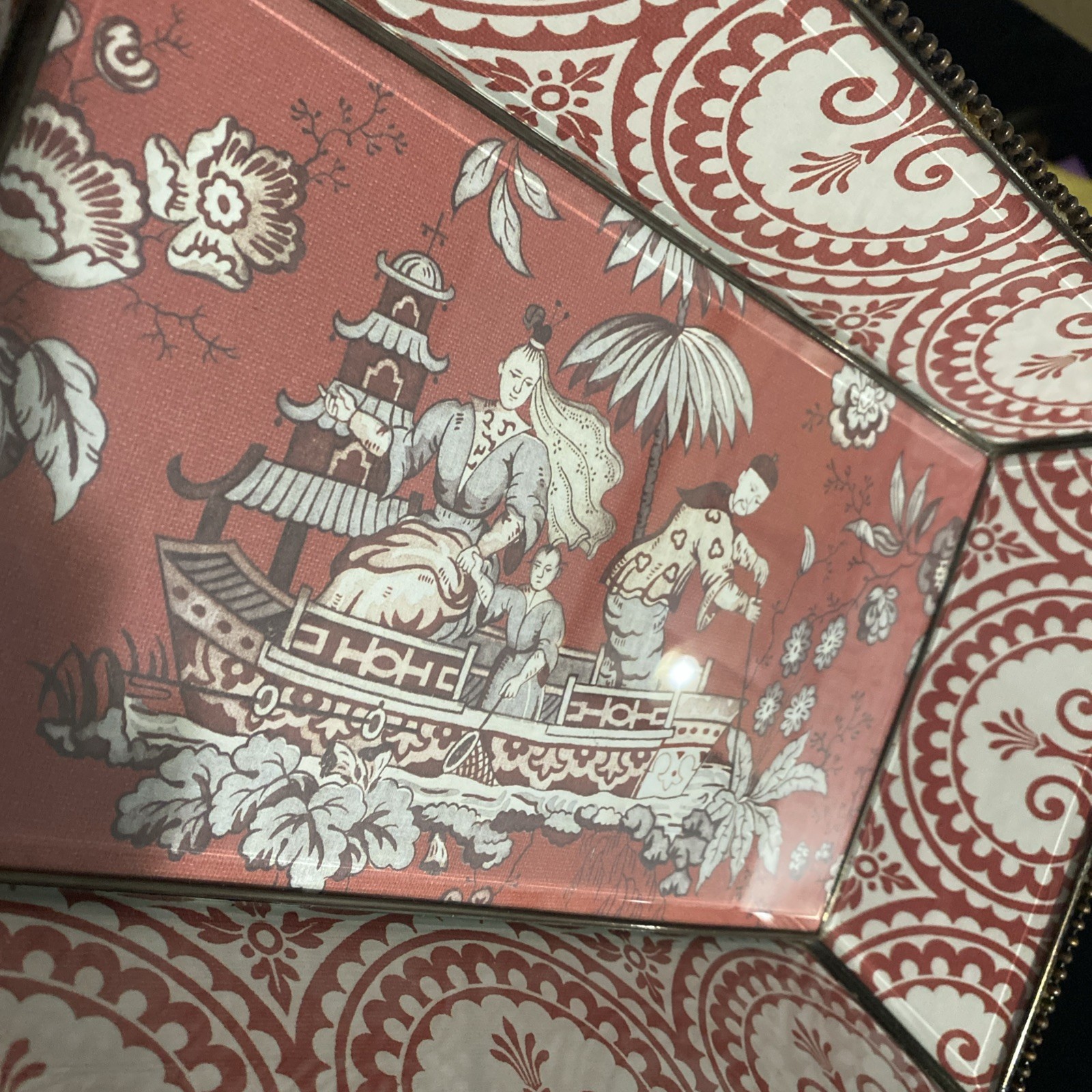 Vintage Chinoiserie Leaded glass Tray Chinese Culture Designs Reddish Pink