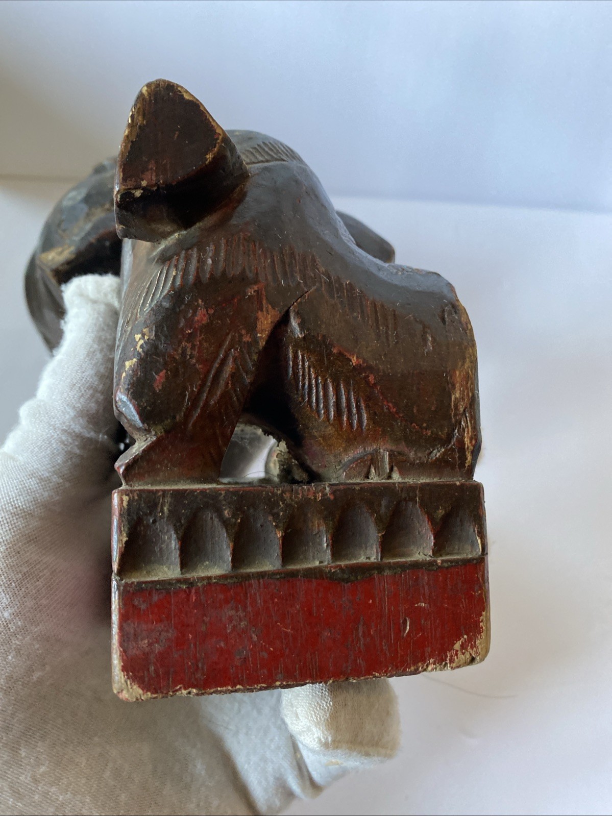 Pair Antique Chinese Hand Carved Wood Foo Dog Creature Statue Rattle
