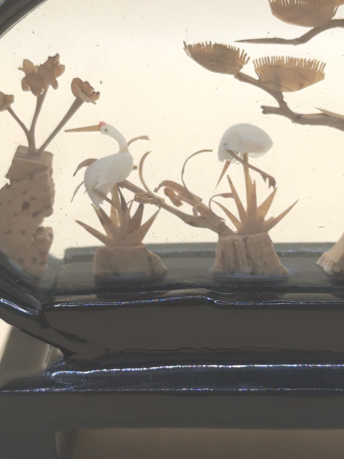Vintage 2 Hand Carved Cork Diorama of Storks And Pandas in Black Lacquer Frames