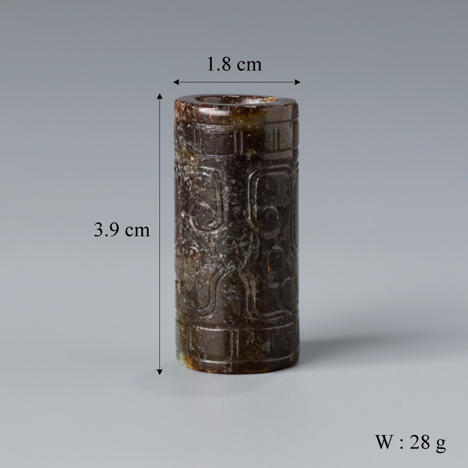 Han Dynasty Chinese Archaic Carved Jade Cylinder Bead with Geometric Motifs