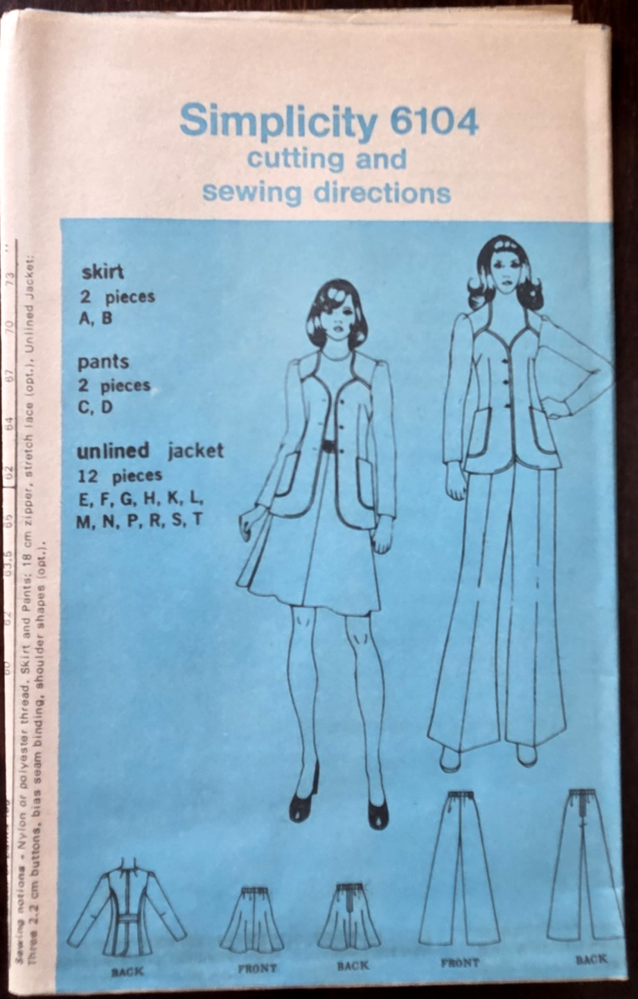 Simplicity Pattern 6104 Jr Petite Suit Skirt Pants Jacket Size 5 JP UNCUT 1973