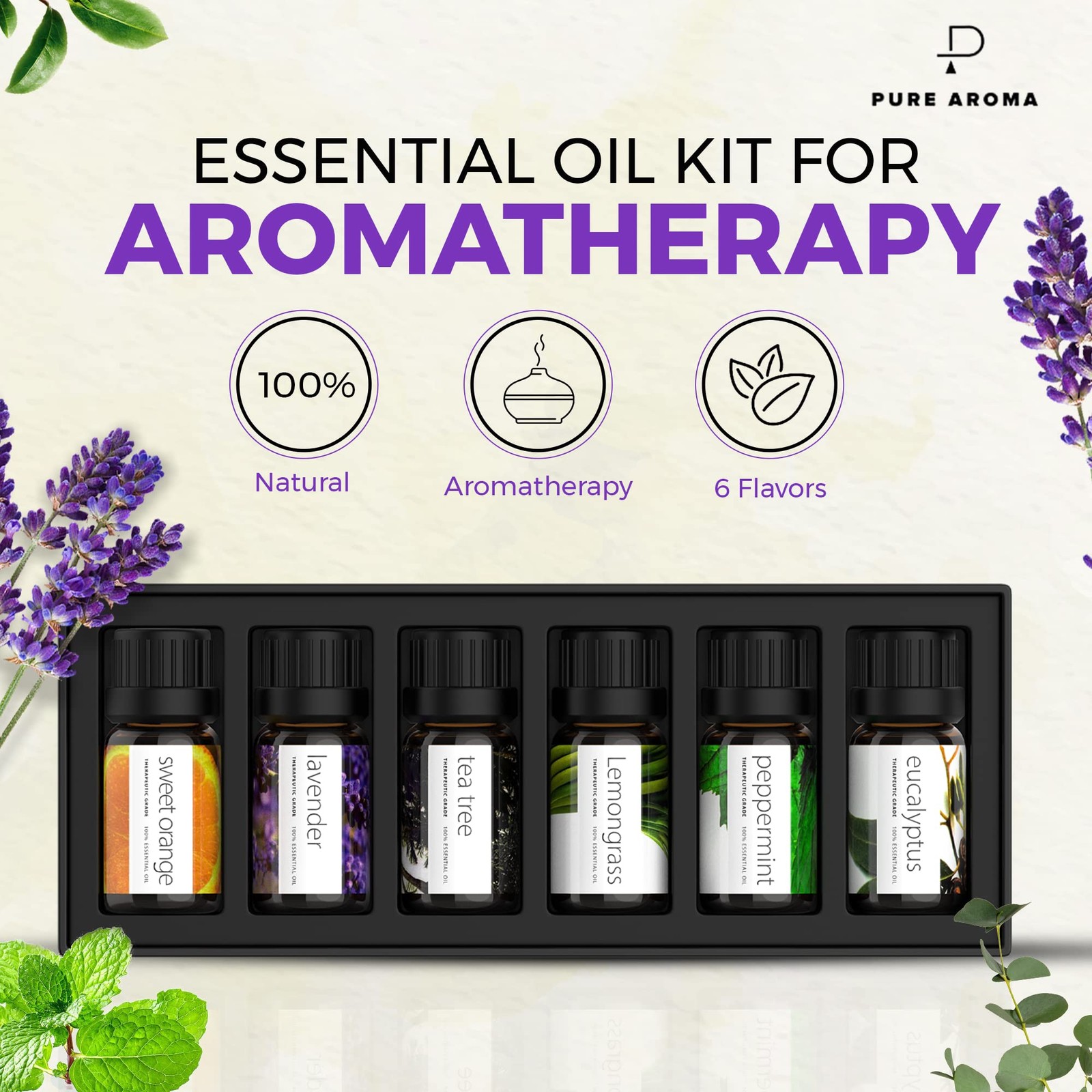 Essential Oils Set by Pure Aroma – Top 6 Aromatherapy 0.33 Fl Oz (Pack of 6)
