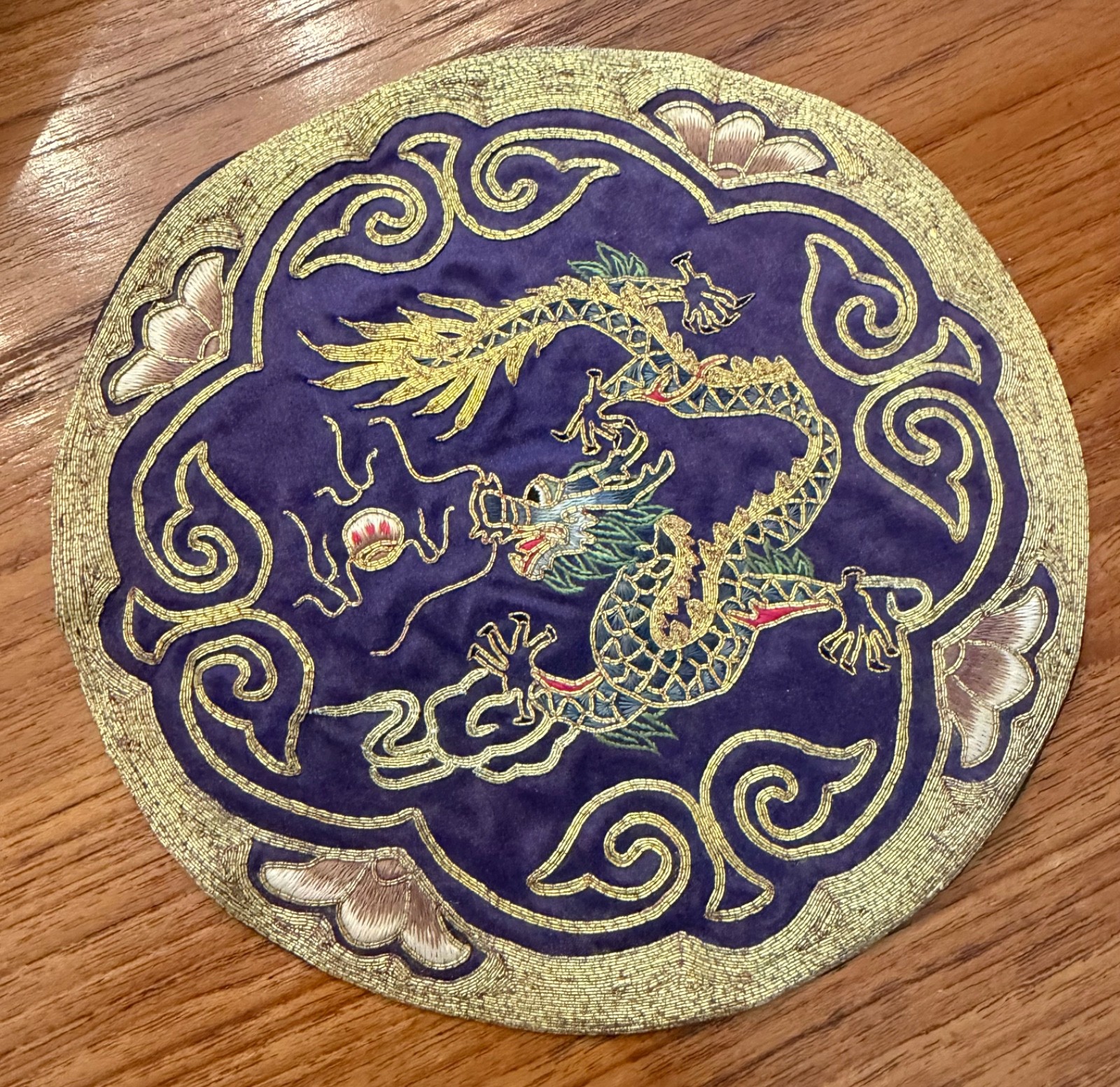 VTG Chinese Golden Cloud Silk Hand Embroidered Dragon purple Mat Doily Art Piece