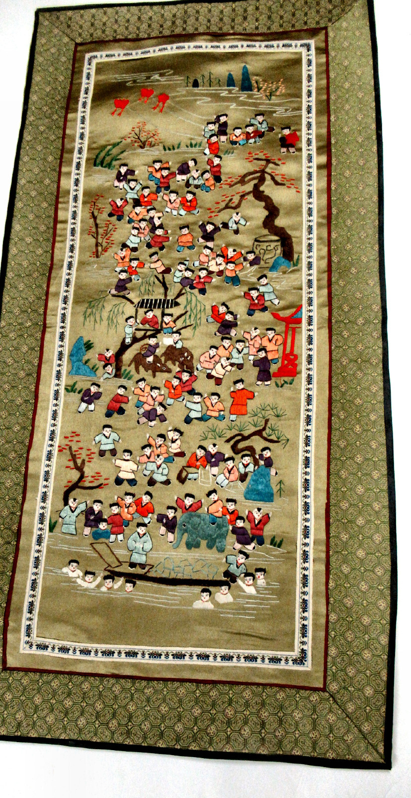 Vtg Oriental Silk Panel Hand Embroidered Scenes People Elephant, Boat, Etc.