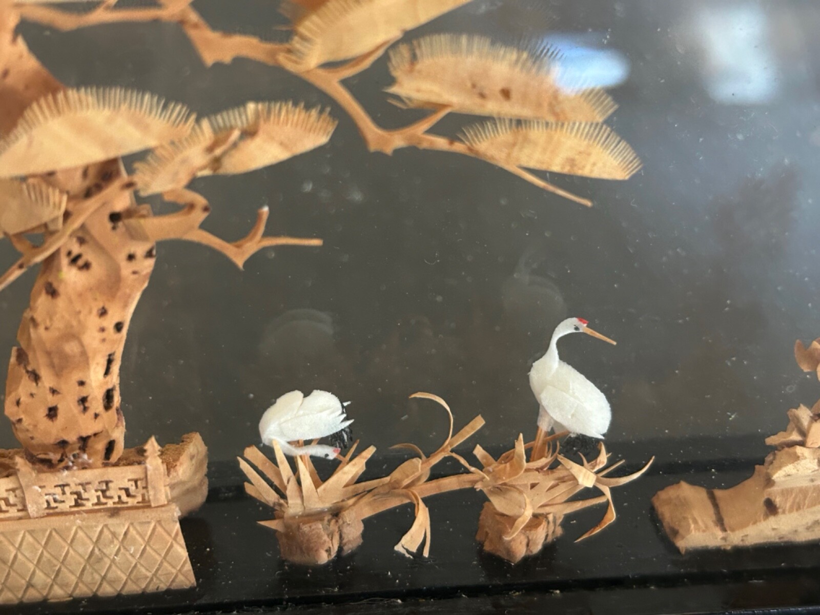 VINTAGE CHINESE SAN YOU DIORAMA CORK CARVING GLASS CASE PAGODA TREES & CRANES.