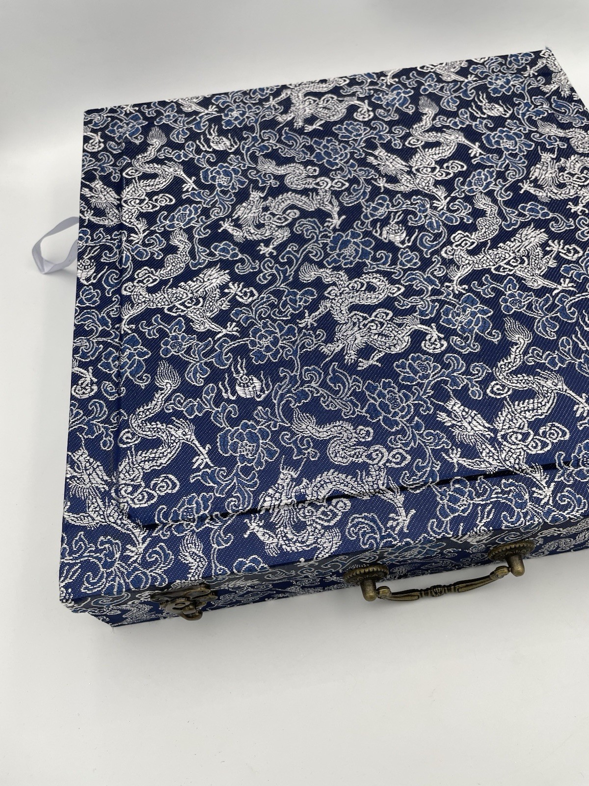 Chinese Brocade Fabric Case Box Replacement Blue Dragon Empty