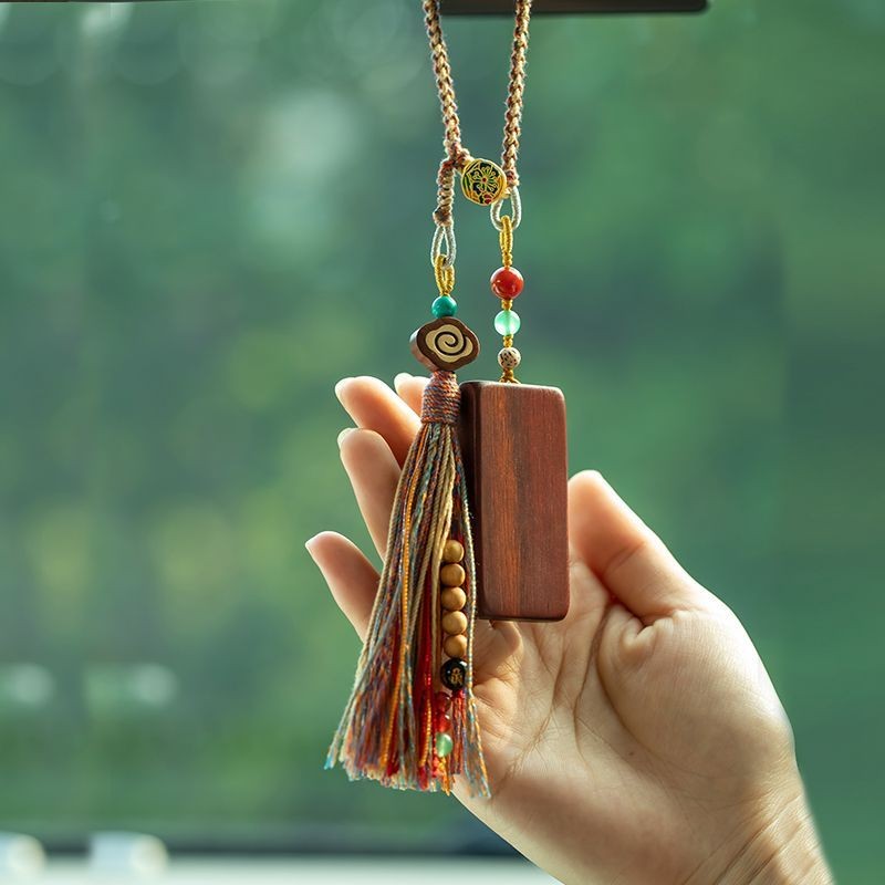 Tibetan Style Sandalwood Wushi Pai Car Pendant 25cm Luxury Rearview Mirror Charm