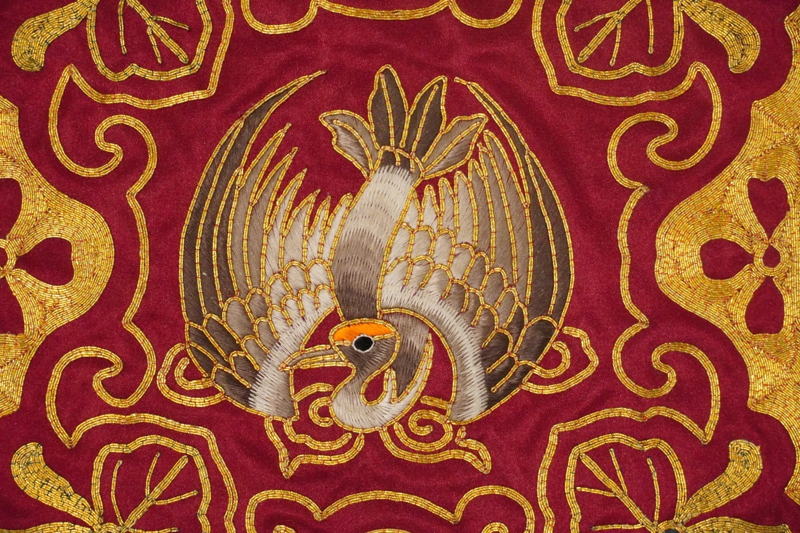 3 Vintage Chinese Embroidered Silk Crane Medallion Mats 7 3/4″ Inch Metal Thread