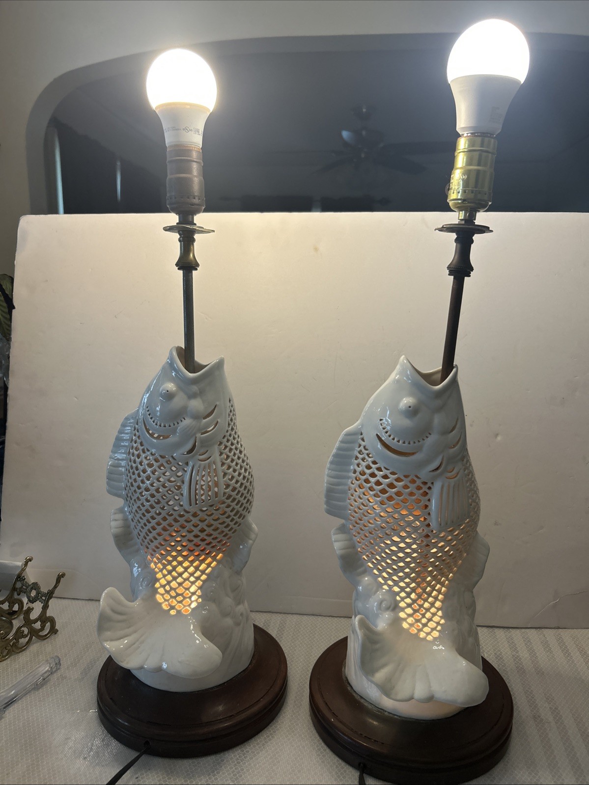2 Reticulated Porcelain Lamps Blanc De Chine White Koi Carp Fish Japan Vintage