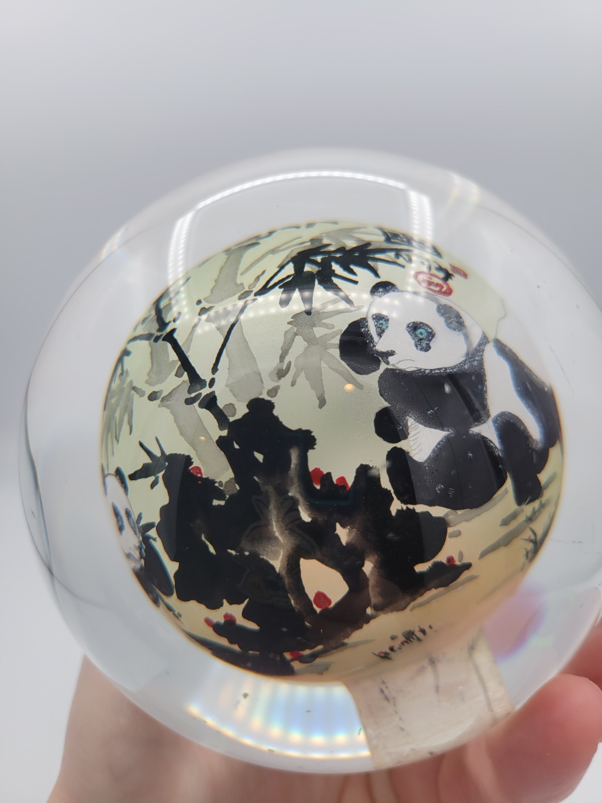 Chinese Art Glass Ball Sphere Paperweight Reverse Hand Painted Pandas NO Base